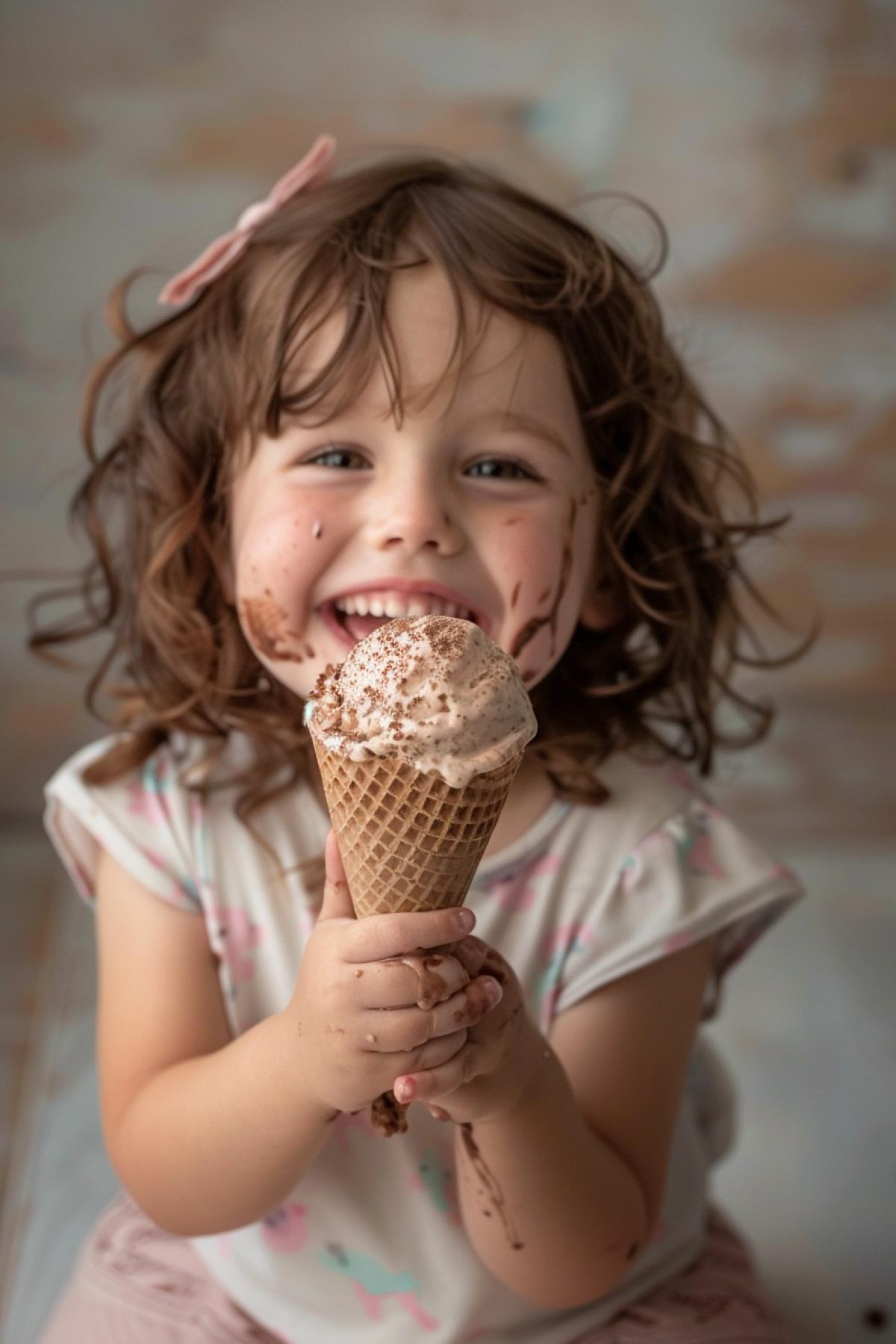 Little 2yo playful happy girl all bedraggled spotted with chocolate ice-cream