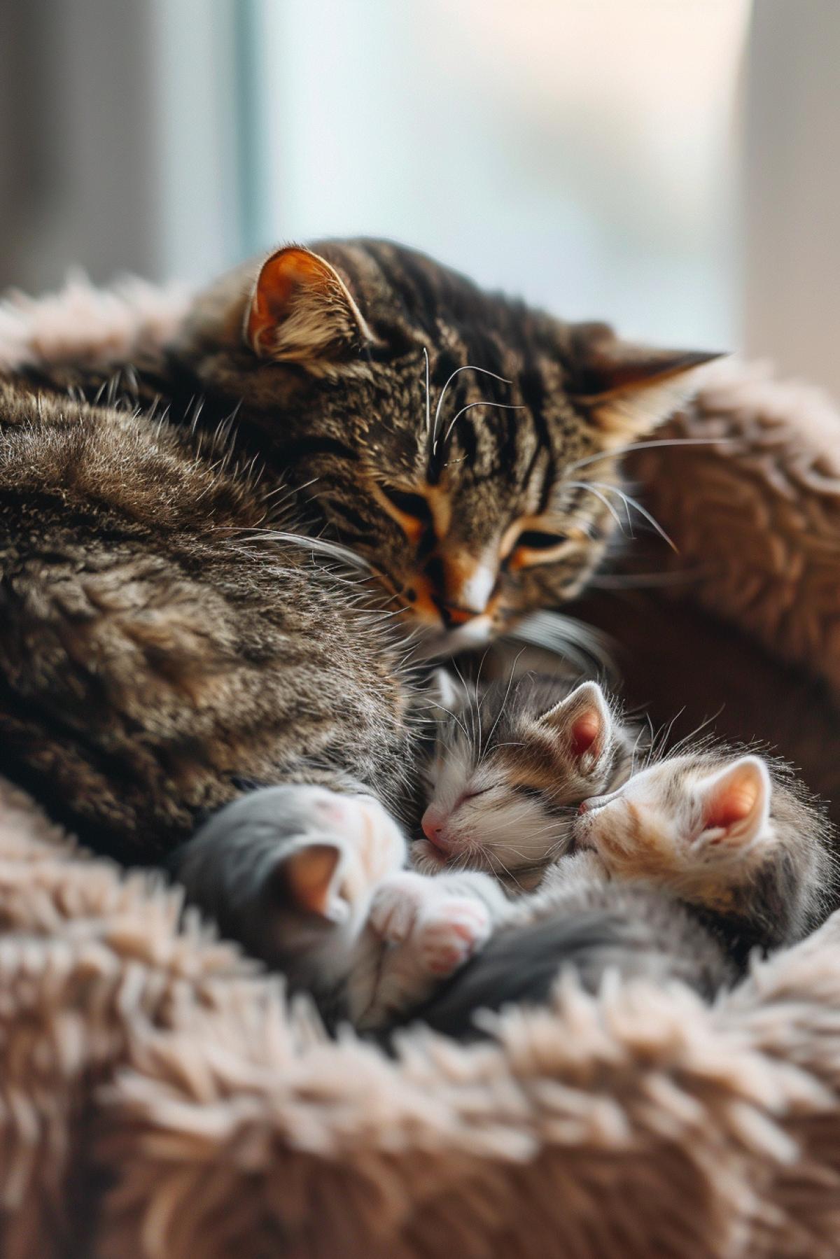 Tender fluffy female cat feeding milking four little just born kittens detailed professional photo