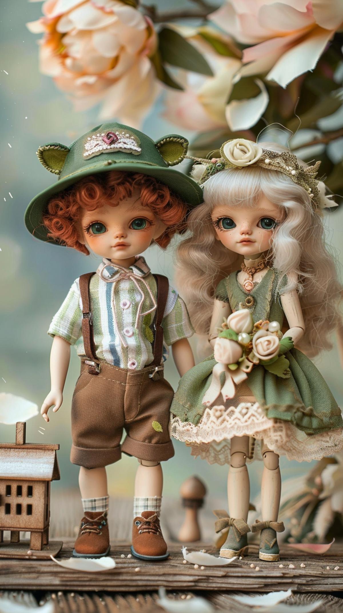 two adorable dolls stand on a wooden surface covered in partially peeling white paint, creating an antique effect. The dolls are dressed in funny costumes with elements of a fantasy style: on the left is a boy. a doll with curly red hair, a green cap with ears and embroidered details that gives them the appearance of cute creatures. The boy wears brown shorts with suspenders and a striped green and blue shirt. In his hands is a wooden birdhouse. On the right is a girl doll with long blond hair, also wearing a green Panama hat with ears and embroidery. She is wearing a boho-style dress and an apron decorated with embroidery. In one hand she has a bouquet of peony flowers, against the backdrop of a huge cosmic unreal peony, which give the picture a picturesque, summer atmosphere, petals flying in the air, light bokeh.