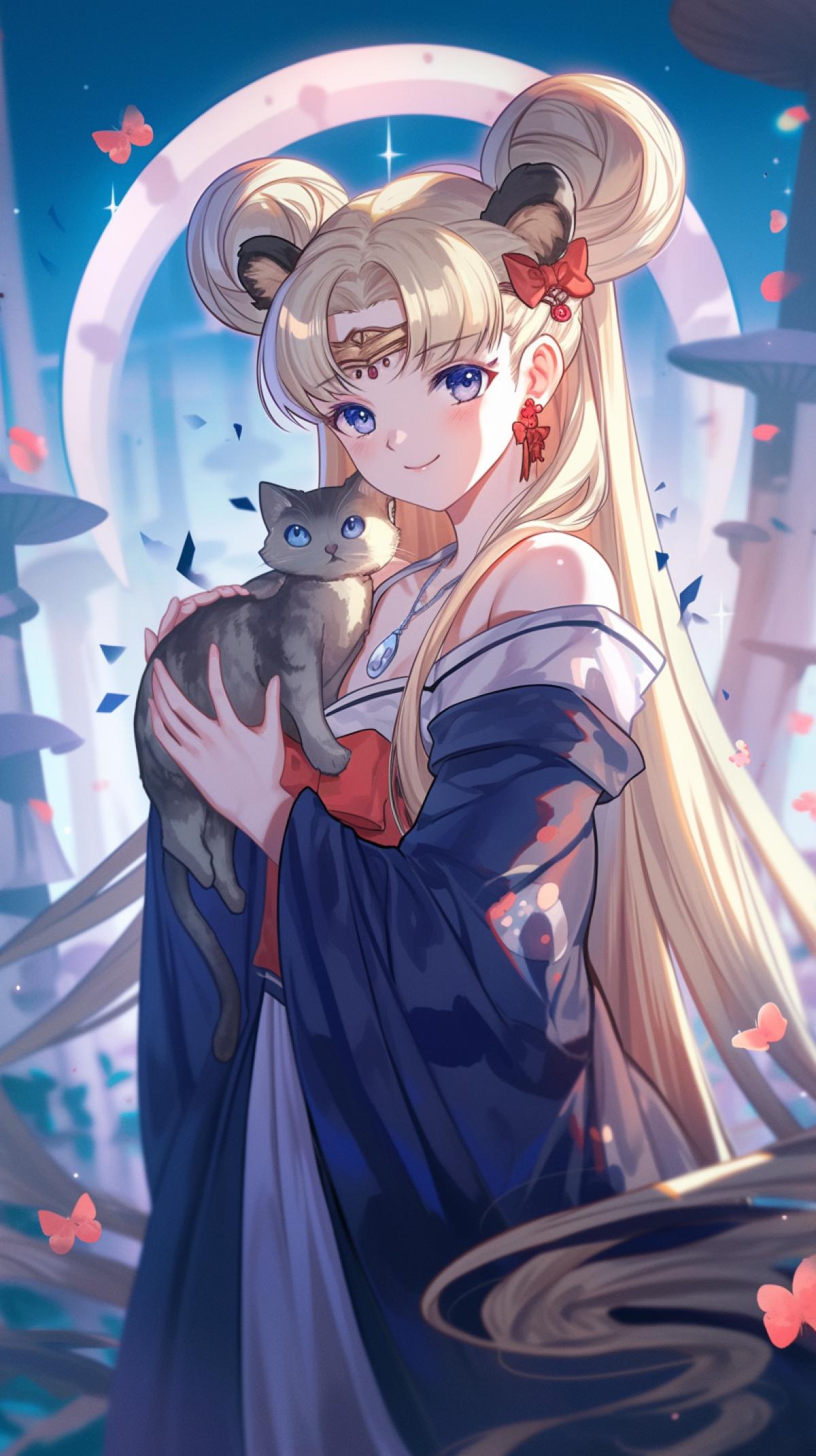 Anime stile, 1girl, solo, elaina, majo no tabitabi, white hair, witch hat, long hair, long fluffy eyelashes, blue eyes, loose hair, side braid, luxury shoulders, dress with frills, holding a dark charming very big-eyed kitten with a red bow on neck, butterfly, fly agaric mushrooms background