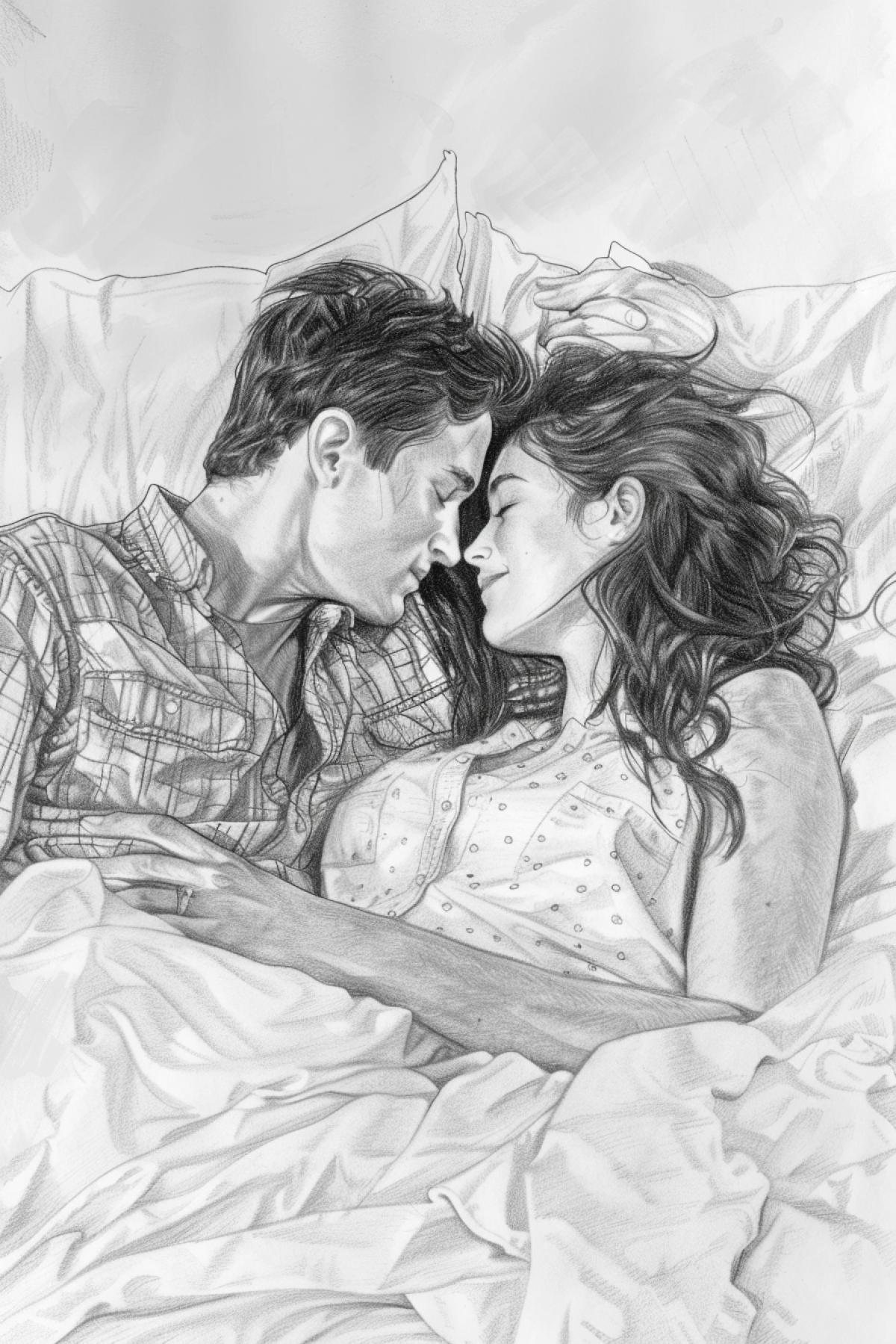 Young tender couple in live in bedroom pencil drawing