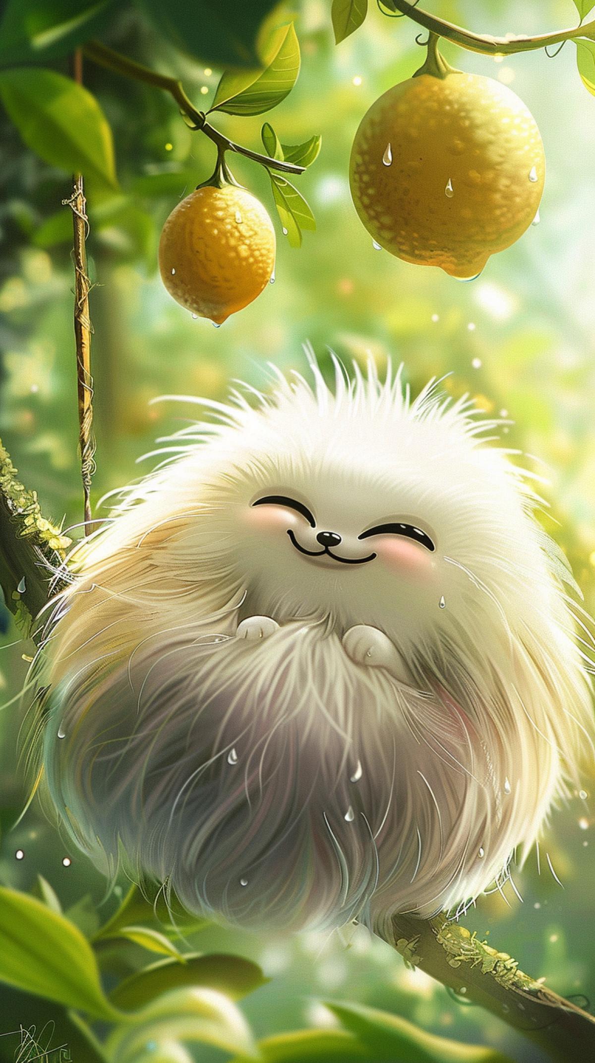 morning, cute, fluffy seed, pod, fluffy catplant, looks like a ball, white, with a face, giggling under the lemon tree, fantasy, creature, digital art, watercolor, happy, miyazaki style, romantic