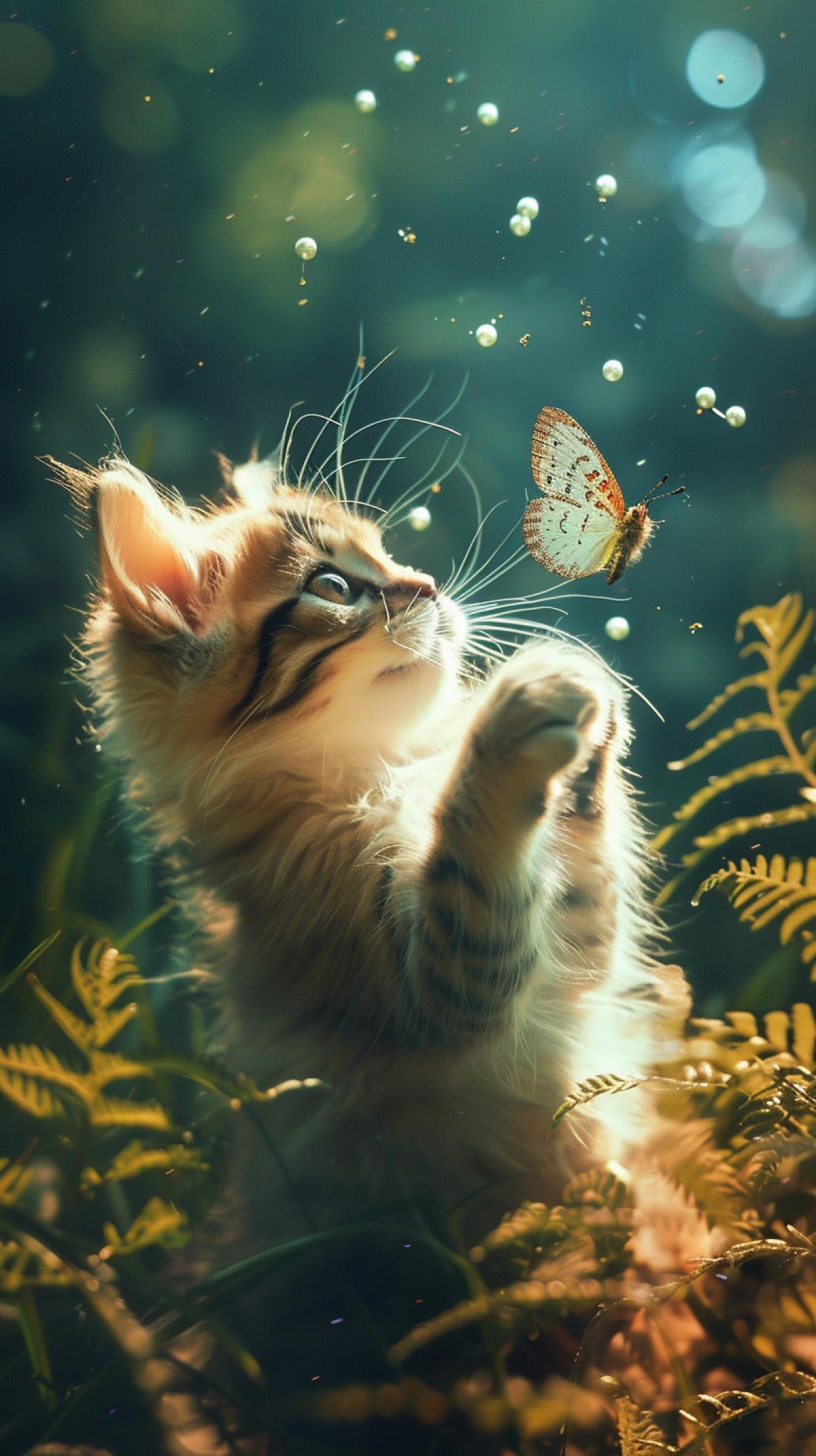 Cute and charming butterfly cat, fluffy symbiosis, absidian color, with wings interspersed with pearls. Atmosphere of magic, pollen from flowers, backlit, absidan flying kitten against a background of fern.