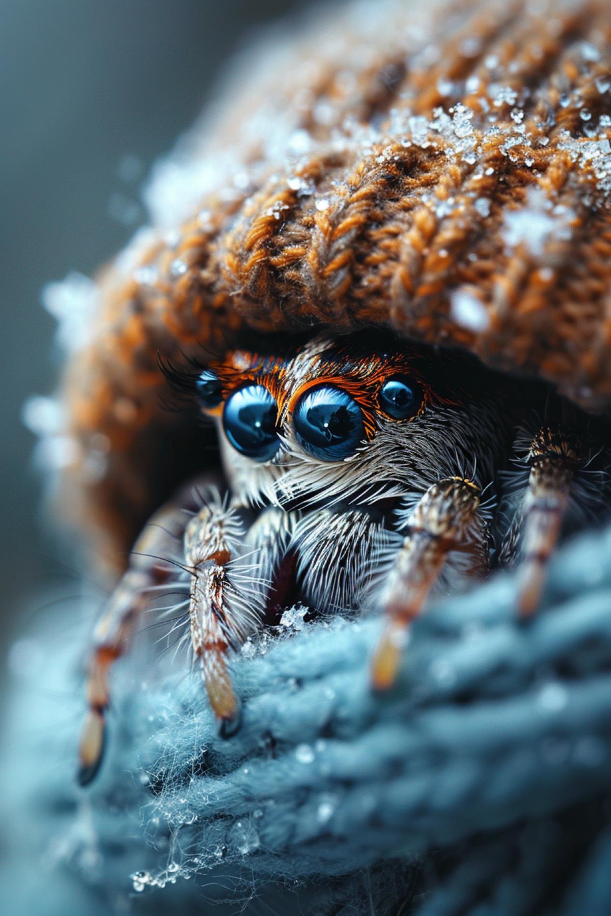 A very cute spider in a knitted beanie. Huge cute eyes.