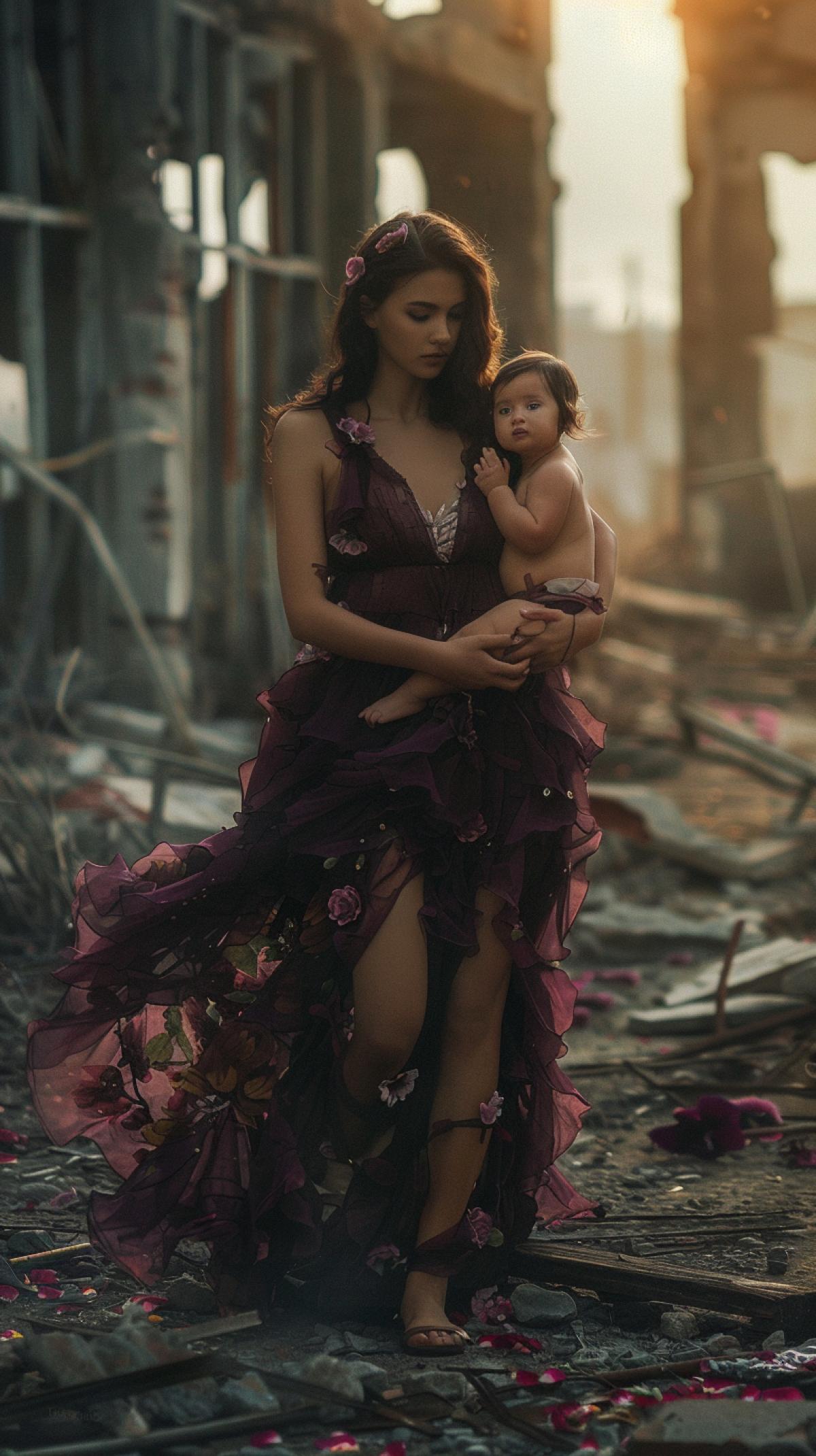 A cinematic photograph of a brunette model in a magical purple dress with flower petals, holding a baby, striding confidently through a desolate, dark, post-apocalyptic cityscape, capturing a stark juxta4k of beauty and decay, with the models flawless skin glowing like a beacon of hope amidst a ruined urban landscape. photographed with a shallow depth of field to blur the bleak surroundings and highlight her vibrant, rebellious 4k, full body, golden hour.