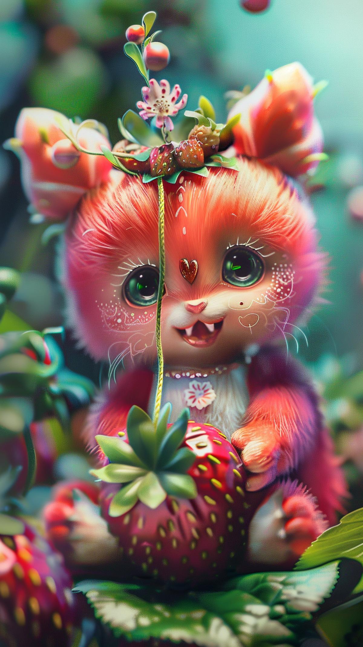 fantasy, jewelry, botanical, animalistic, cute, colorful, happy fluffy anthropomorphic strawberry animal, interesting, photorealistic, stunning, beautiful, magical fantasy, hyper-detailed, HDR, computer graphics, high-quality