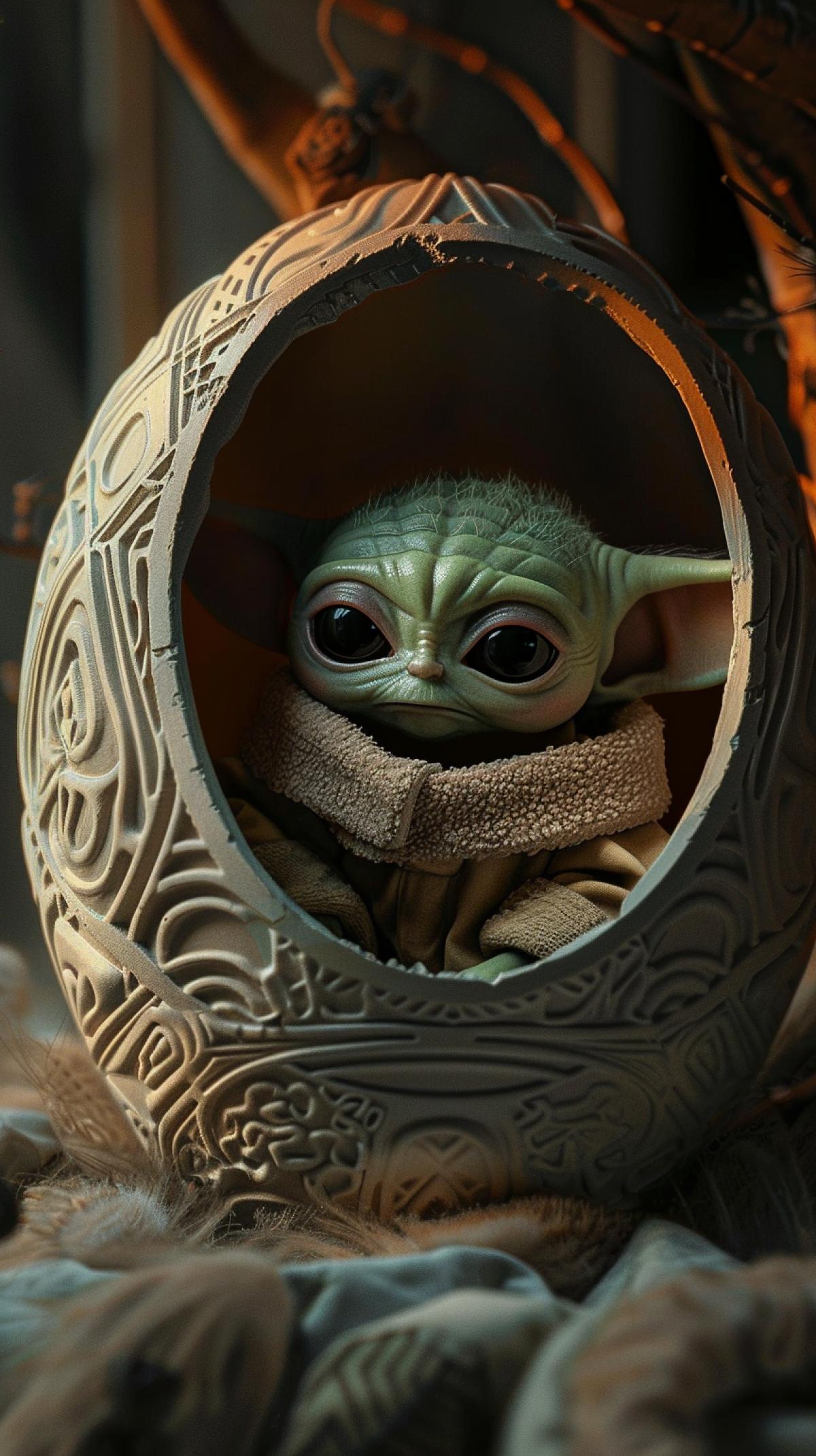 A carefully crafted photograph of an open egg with intricate designs on its shell. Inside the egg, tiny, adorable baby Master Yoda looks on with a gentle and curious expression, eyes sparkling with surprise and discovery. The lighting is soft and warm, creating a cozy atmosphere reminiscent of a childs room.