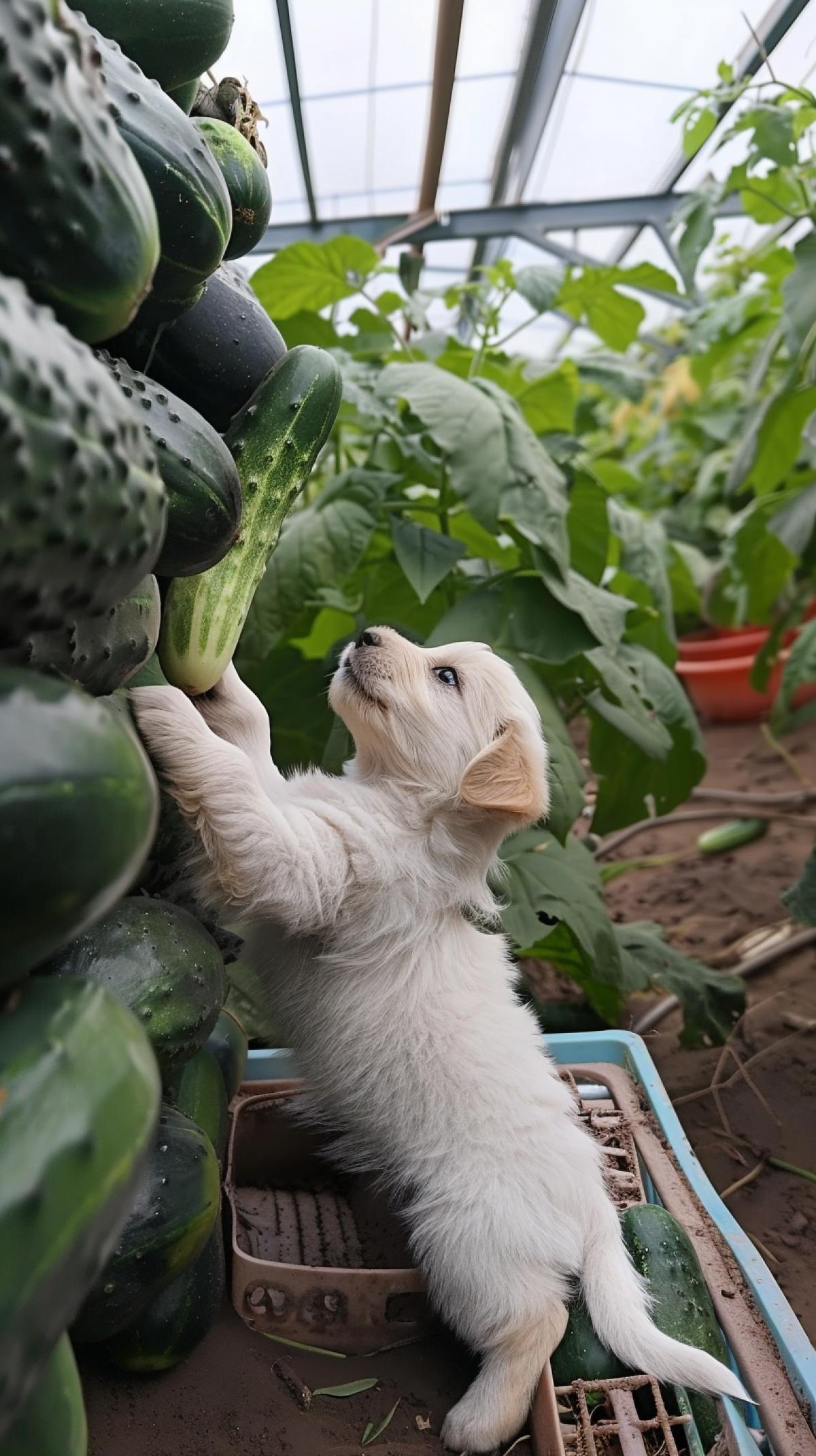A cute white puppy in a greenhouse with cucumbers, stood up on his hind legs, reaches for a cucumber, wanting to take a bite.