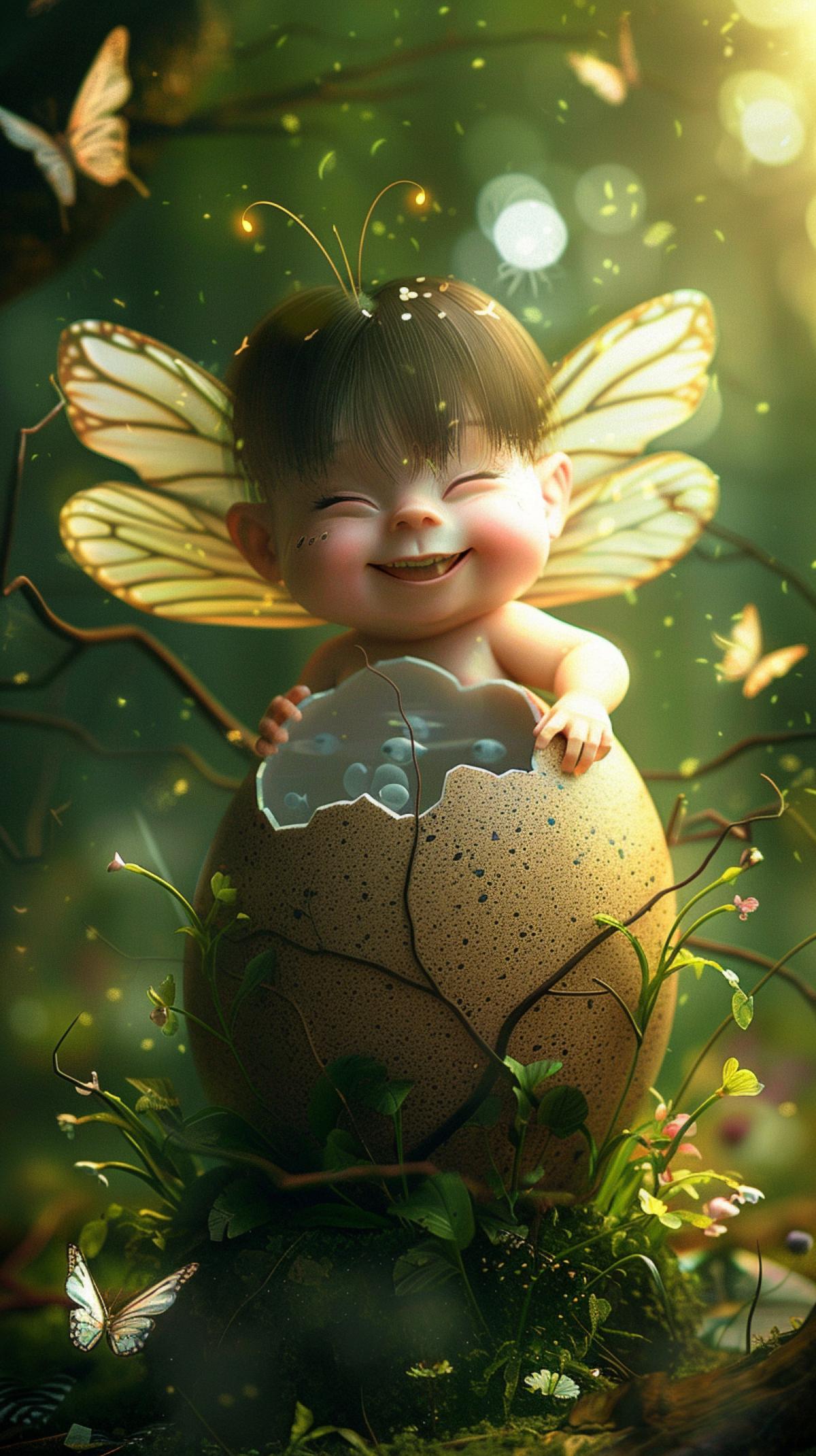 A pretty plump, smiling little fairy gets out of a cracked egg, spring forest, moths and dragonflies flutter, pollen, dark fantasy
