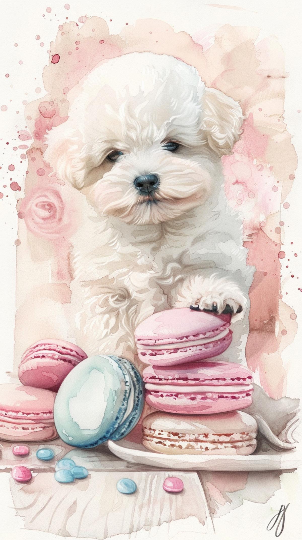 Very cute Bichon Frize puppy between. colorful cakes. macaroons on a very nicely served table,. soft and pastel colors, tenebroso perfecto, contrast, illustration