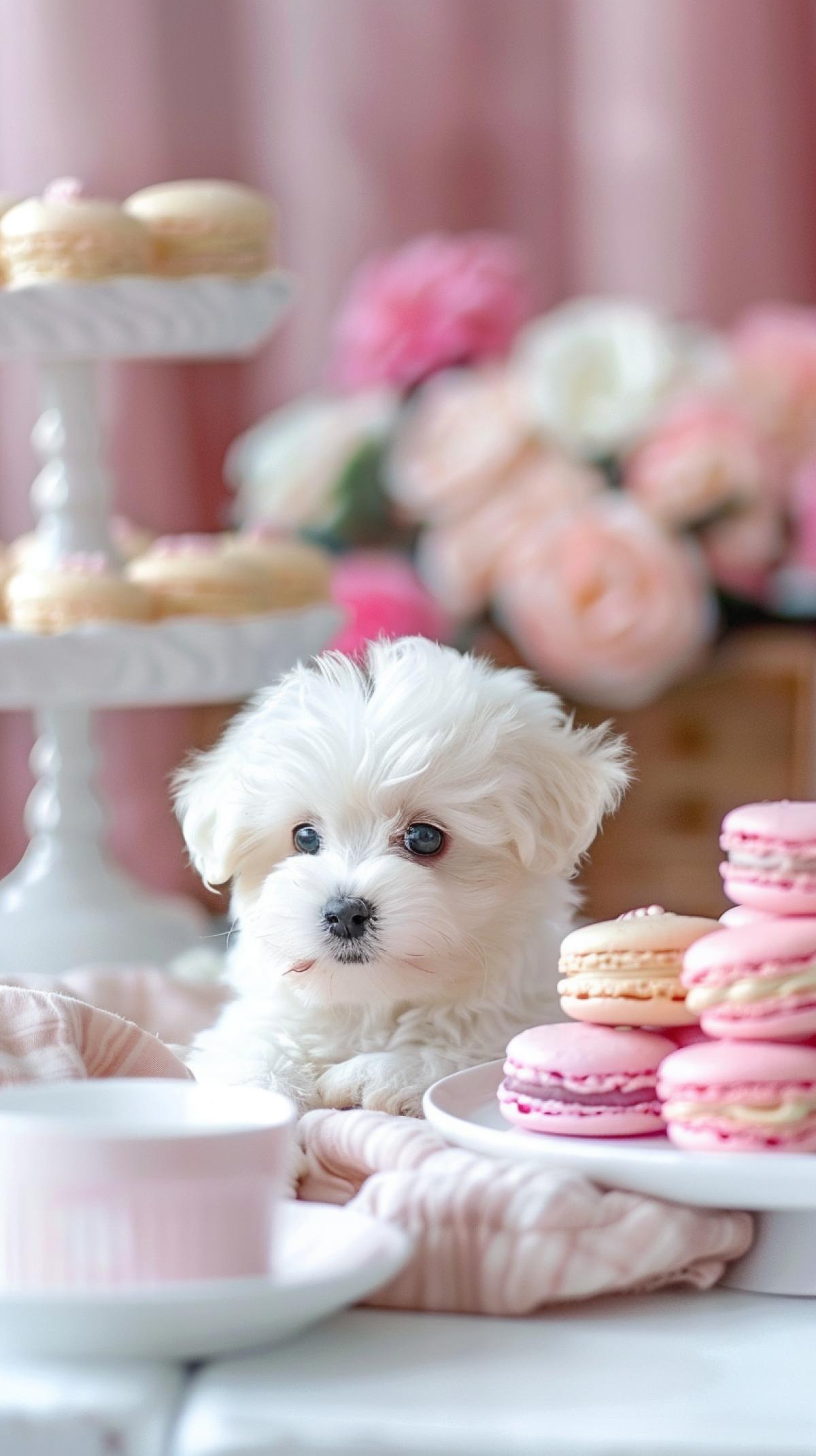 Very cute Bichon Frize puppy between. colorful cakes. macaroons on a very nicely served table,. soft and pastel colors, tenebroso perfecto, contrast, illustration