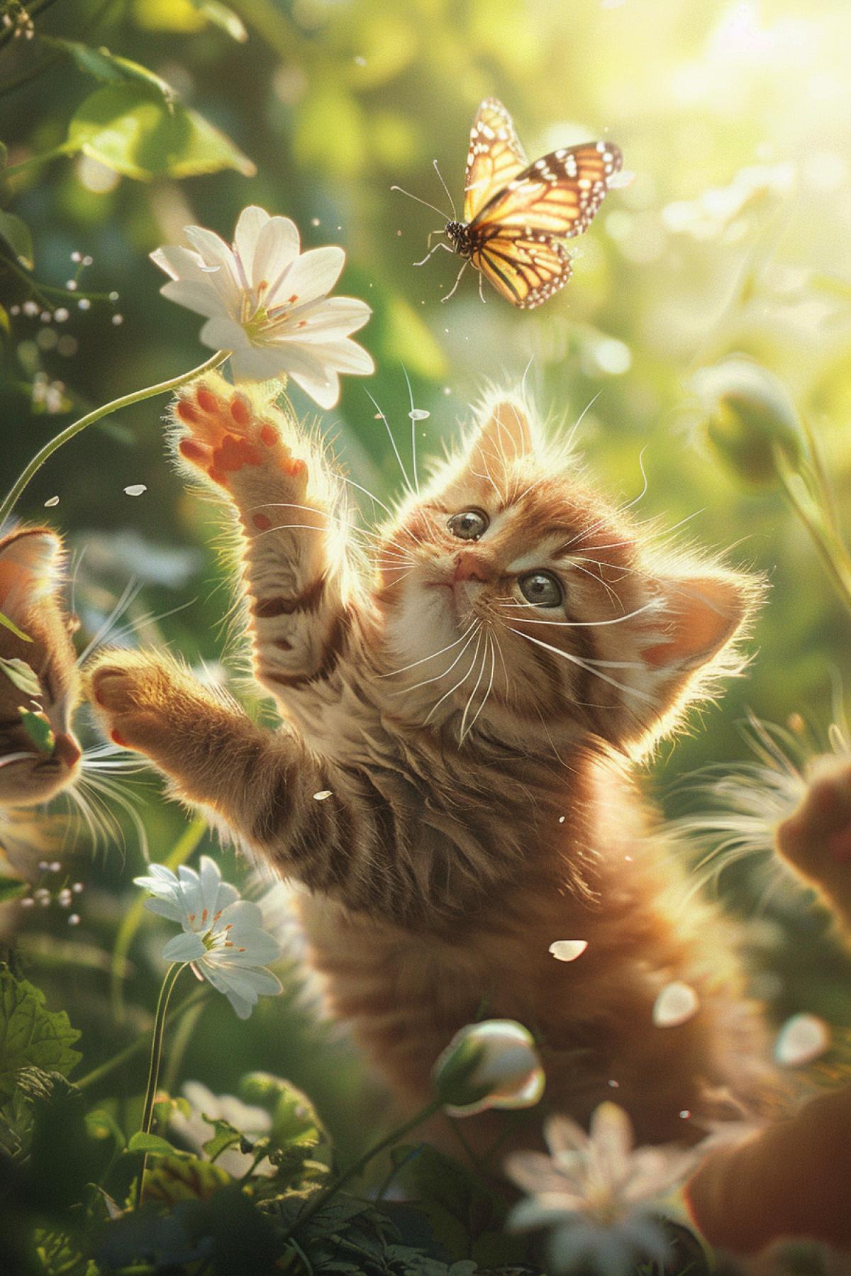 Adorable kittens playing in a sunlit garden, soft fur, bright eyes, one kitten chasing a butterfly, another playfully batting at a flower, surrounded by blooming flowers and lush green grass, warm and vibrant color palette, soft and diffused sunlight, detailed and realistic textures, joyful and heartwarming atmosphere, capturing the pure joy and innocence of playful kittens, sense of happiness and serenity.