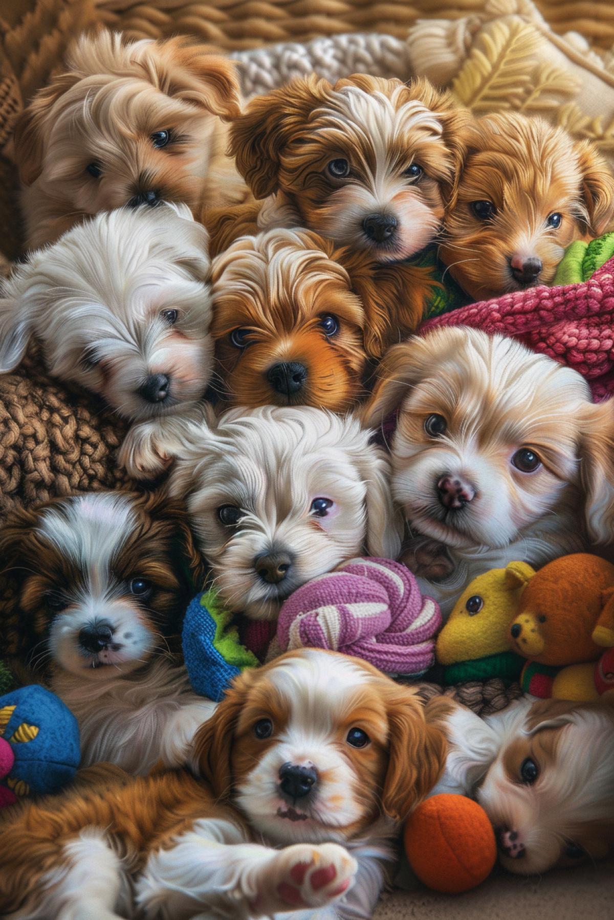 A group of fluffy puppies in a cozy living room, different breeds, all with big round eyes and wagging tails, some cuddling together on a soft blanket, others playing with colorful toys, warm ambient lighting, soft and inviting color palette, detailed and realistic textures, heartwarming and joyful atmosphere, capturing the playful and affectionate nature of puppies, sense of warmth and comfort.