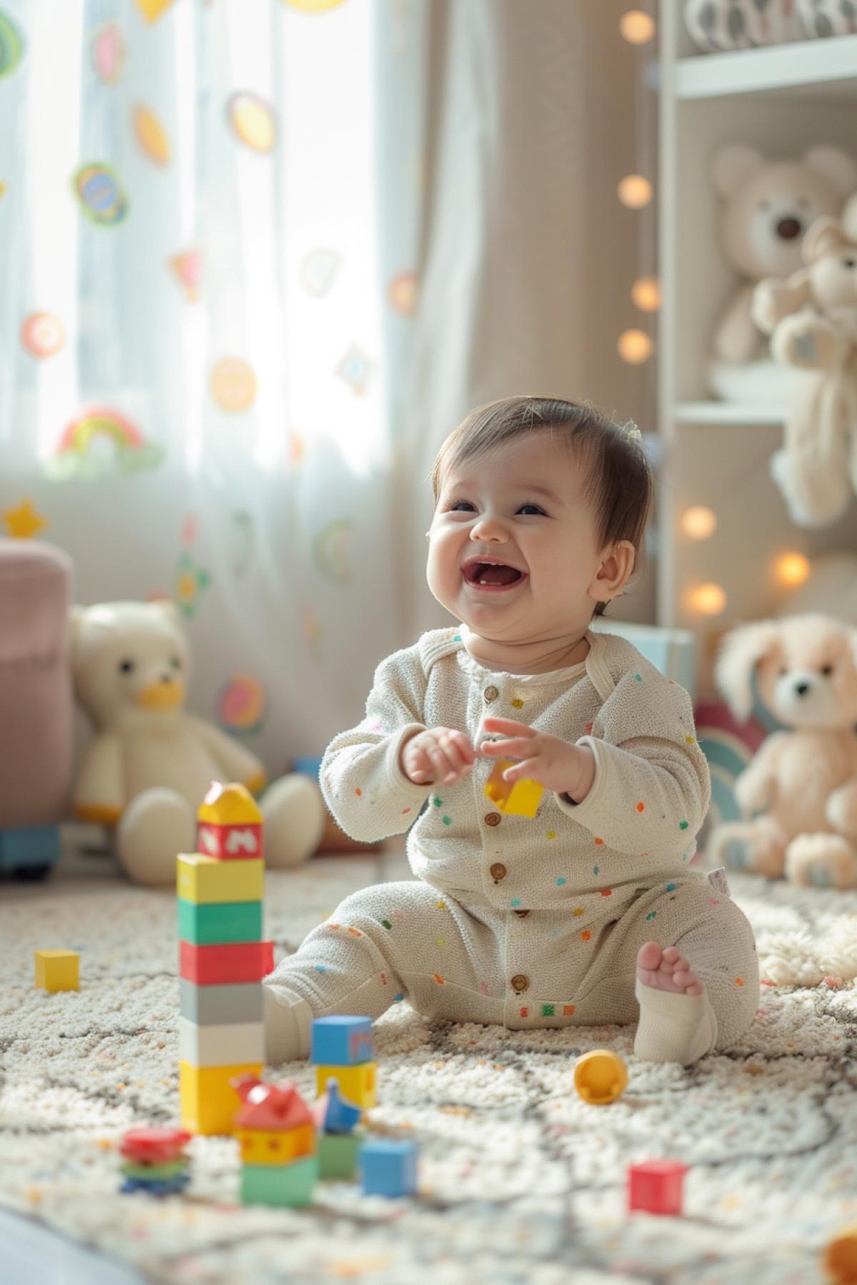 A baby laughing joyfully while playing with a colorful stack of building blocks, sitting on a soft rug in a bright and airy nursery, stuffed animals scattered around, sunlight streaming through a window, warm and pastel color palette, detailed and realistic textures, tender and joyful atmosphere, capturing the innocence and happiness of a child, sense of pure delight and warmth, soft and gentle lighting.