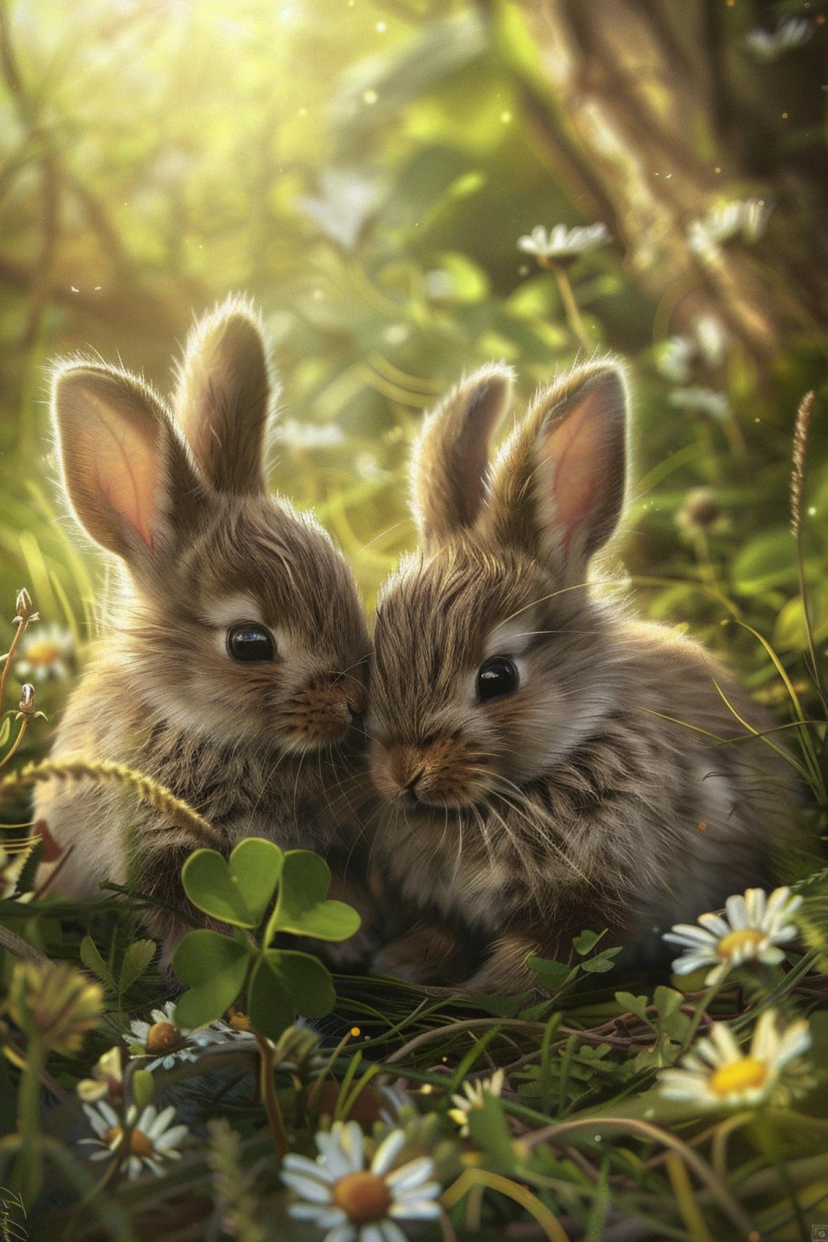 A pair of fluffy baby bunnies sitting in a flower-filled meadow, soft fur, large expressive eyes, one bunny sniffing a daisy while the other nibbles on a clover, sunlight filtering through the trees, pastel and vibrant color palette, soft and diffused lighting, detailed and realistic textures, heartwarming and serene atmosphere, capturing the innocence and sweetness of the baby bunnies, sense of peace and joy, enchanting and tender.