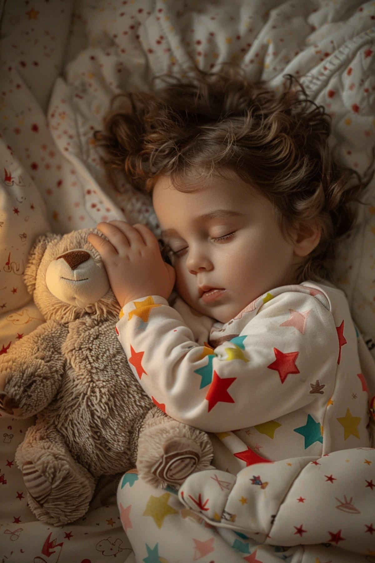 A toddler in a colorful onesie, peacefully sleeping with a gentle smile, clutching a beloved stuffed animal, cozy bed with soft blankets and pillows, nightlight casting a warm glow, star-patterned wallpaper, serene and tender atmosphere, pastel and warm color palette, detailed and realistic textures, capturing the pure innocence and tranquility of a sleeping child, sense of comfort and security, soft and soothing light.
