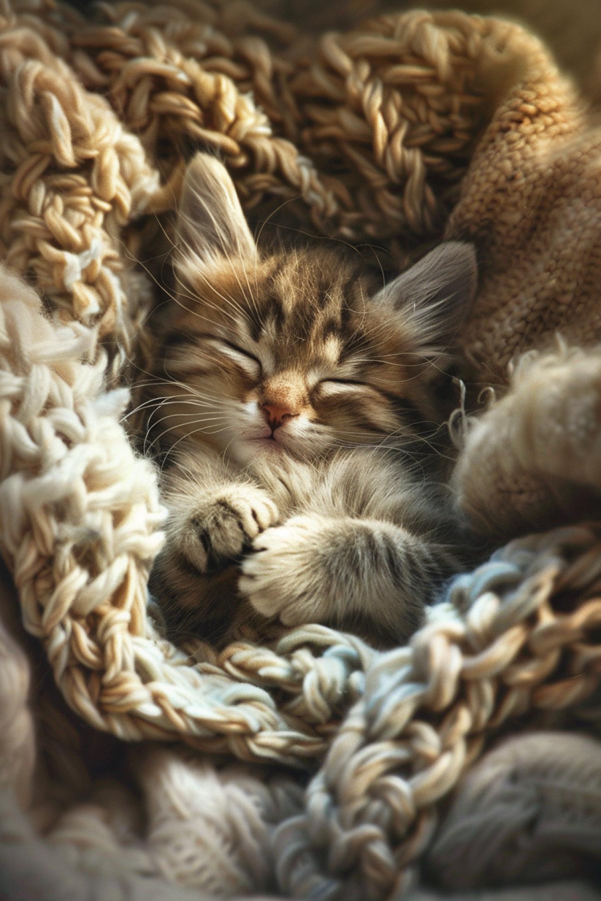 A tiny kitten nestled in a cozy basket, surrounded by soft blankets, gently sleeping with its paws tucked under its chin, tiny pink nose and delicate whiskers, warm sunlight streaming through a window, casting a soft glow, pastel and warm color palette, detailed and realistic textures, heart-melting and serene atmosphere, capturing the pure innocence and tenderness of the sleeping kitten, sense of comfort and warmth, incredibly soft and gentle light, enchanting and utterly adorable.