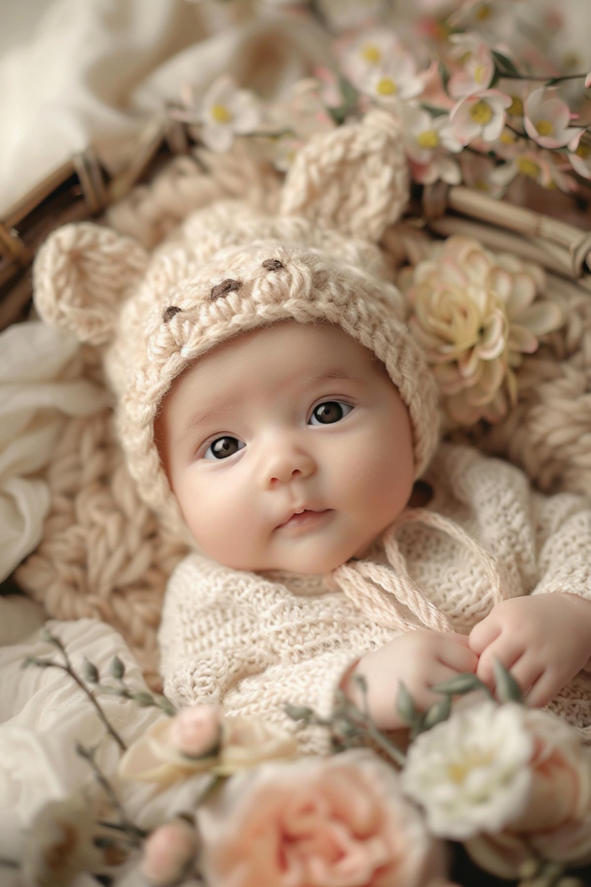 A heartwarming scene of a baby in a vintage wicker basket, inspired by the style of Anne Geddes, surrounded by soft white blankets and delicate flowers, chubby cheeks and big curious eyes, wearing a knitted hat with tiny bear ears, warm and soft lighting, pastel color palette with gentle hues of pink and cream, detailed and realistic textures, serene and tender atmosphere, capturing the pure innocence and sweetness of the baby, sense of comfort and love, enchanting and timeless, evoking a sense of joy and warmth.