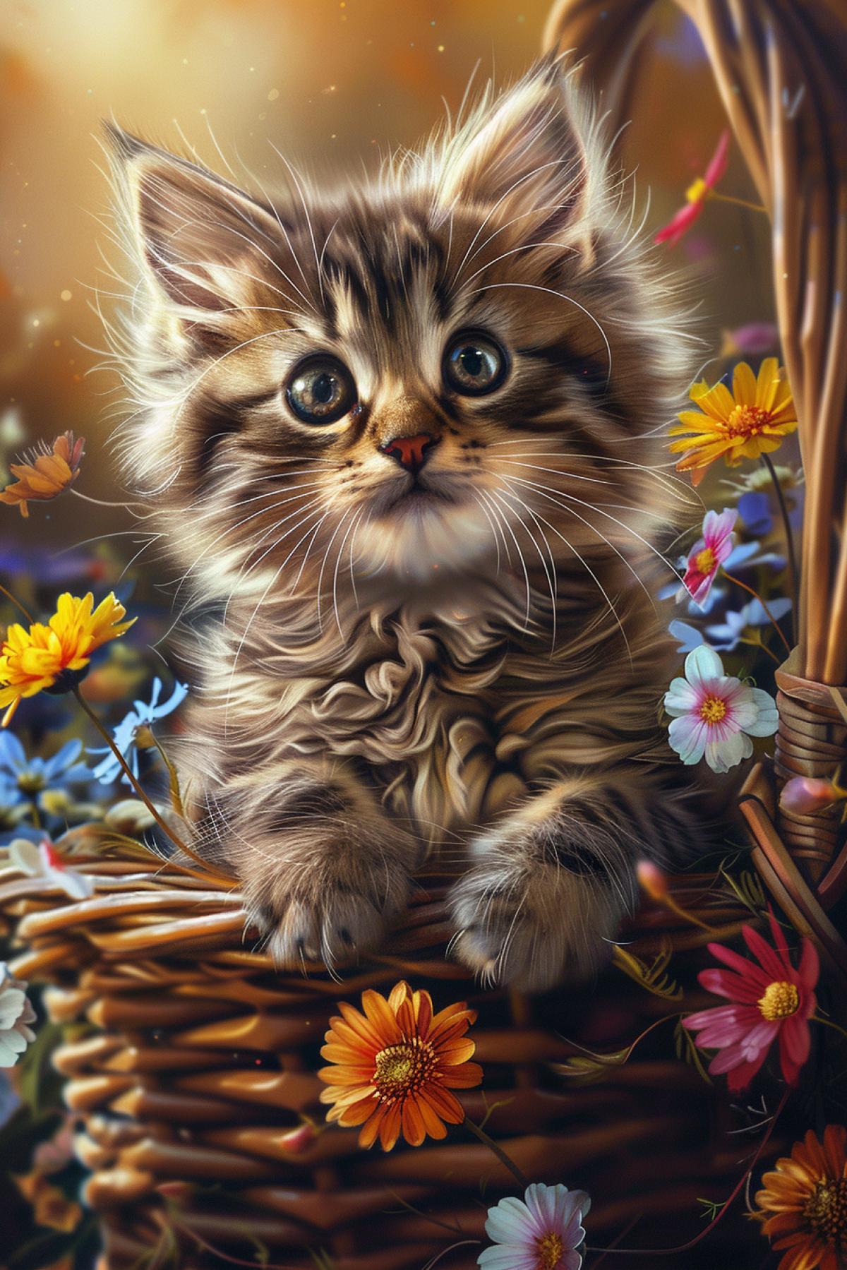 A fluffy kitten in the style of Walter Chandoha, sitting in a basket filled with colorful flowers, large expressive eyes, soft fur with detailed textures, natural light highlighting its delicate features, warm and vibrant color palette, charming and whimsical atmosphere, capturing the playful and love nature of the kitten, rich and vivid background, sense of joy and warmth, artfully com4kd, evoking a sense of pure delight and enchantment, irresistibly cute and heartwarming.