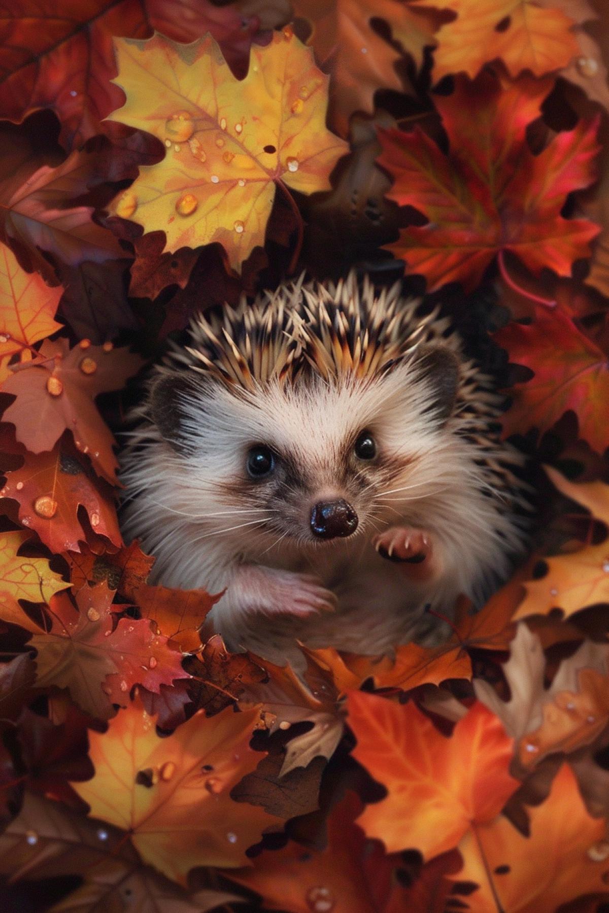 A cute hedgehog in the style of Rachael Hale, nestled in a bed of soft, colorful autumn leaves, tiny paws curled up, bright, curious eyes, spiky fur with detailed textures, warm and natural lighting, vibrant and rich color palette with hues of orange, red, and yellow, charming and whimsical atmosphere, capturing the adorable and gentle nature of the hedgehog, artfully com4kd, evoking a sense of coziness and warmth, irresistibly cute and heartwarming, delicate and enchanting scene.