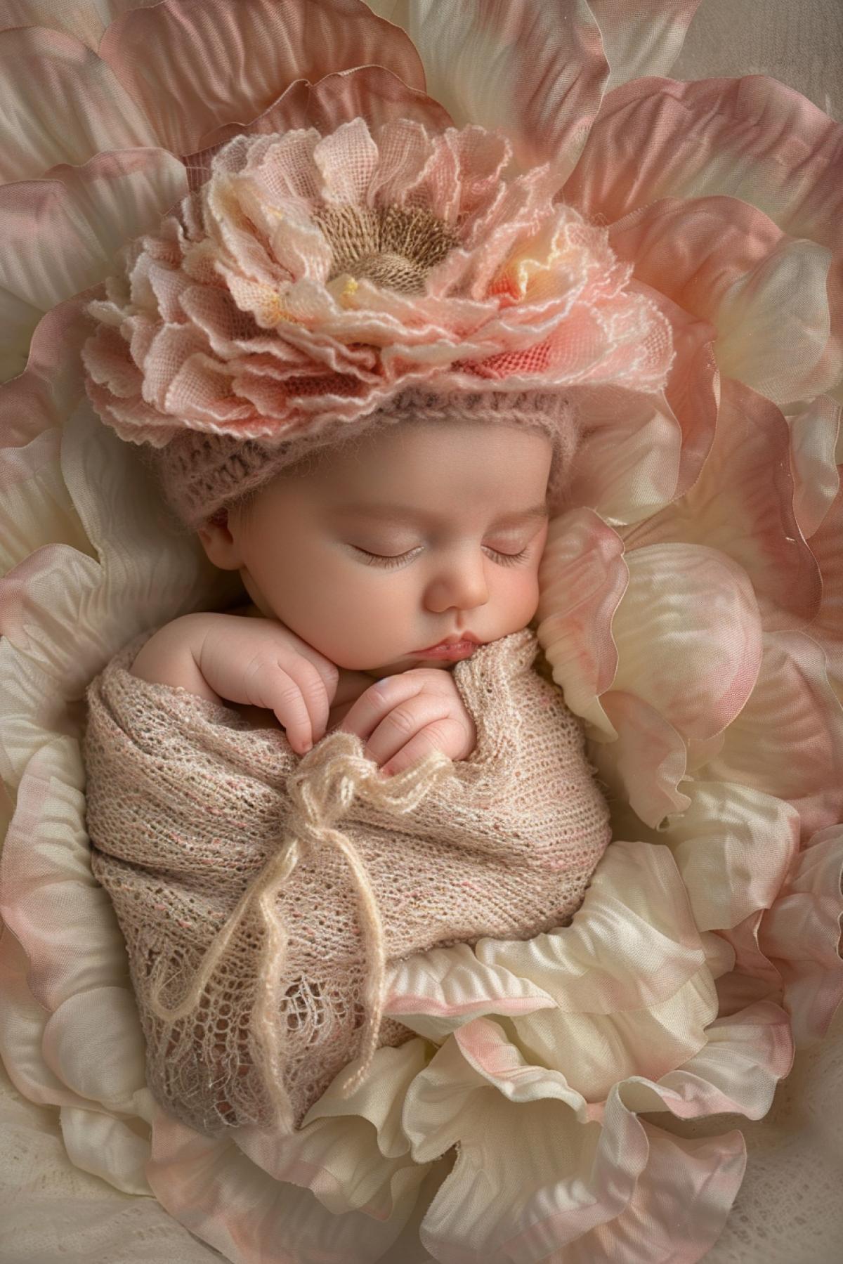 A newborn baby in the style of Anne Geddes, peacefully sleeping inside a giant, soft flower petal, chubby cheeks, tiny hands gently curled, wearing a delicate, knitted hat, soft and ethereal lighting, pastel color palette with shades of pink and cream, detailed textures of the flower and the baby’s skin, serene and tender atmosphere, capturing the pure innocence and beauty of the newborn, sense of warmth and comfort, enchanting and timeless, evoking a sense of wonder and love, artfully com4kd and heart-meltingly adorable.