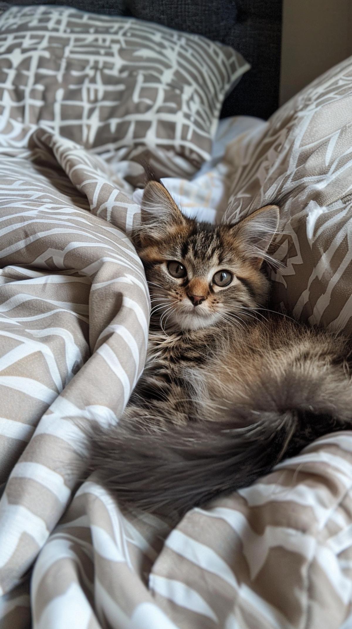 Little brownie basking in feather pillows