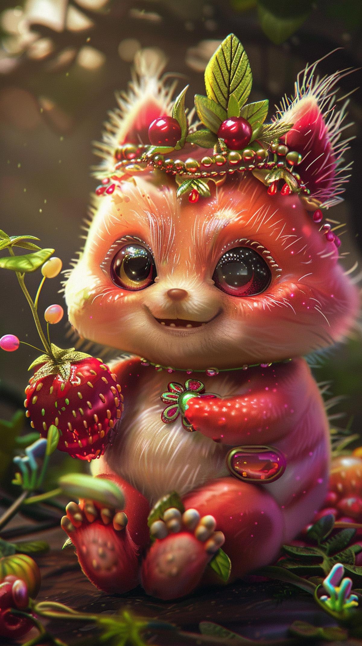 fantasy, jewelry, botanical, animalistic, cute, colorful, happy fluffy anthropomorphic strawberry animal, interesting, photorealistic, stunning, beautiful, magical fantasy, hyper-detailed, HDR, computer graphics, high-quality