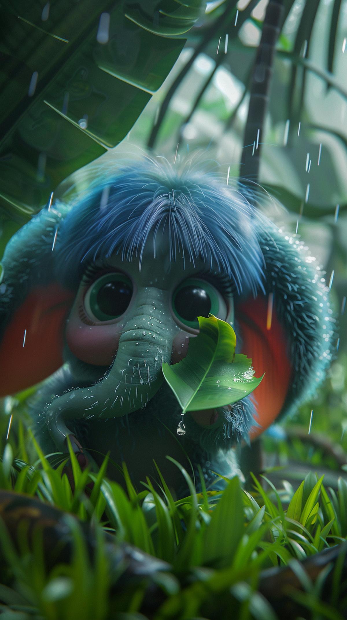 whimsical mammoth 3D octane render, wide shot, little blue mammoth, cute, small, hiding behind a tropical leaf in the rain, beautiful jungle scenery, spring time, big eyes, award winning, hypermaximalist, octane render, cinematic lighting, detail