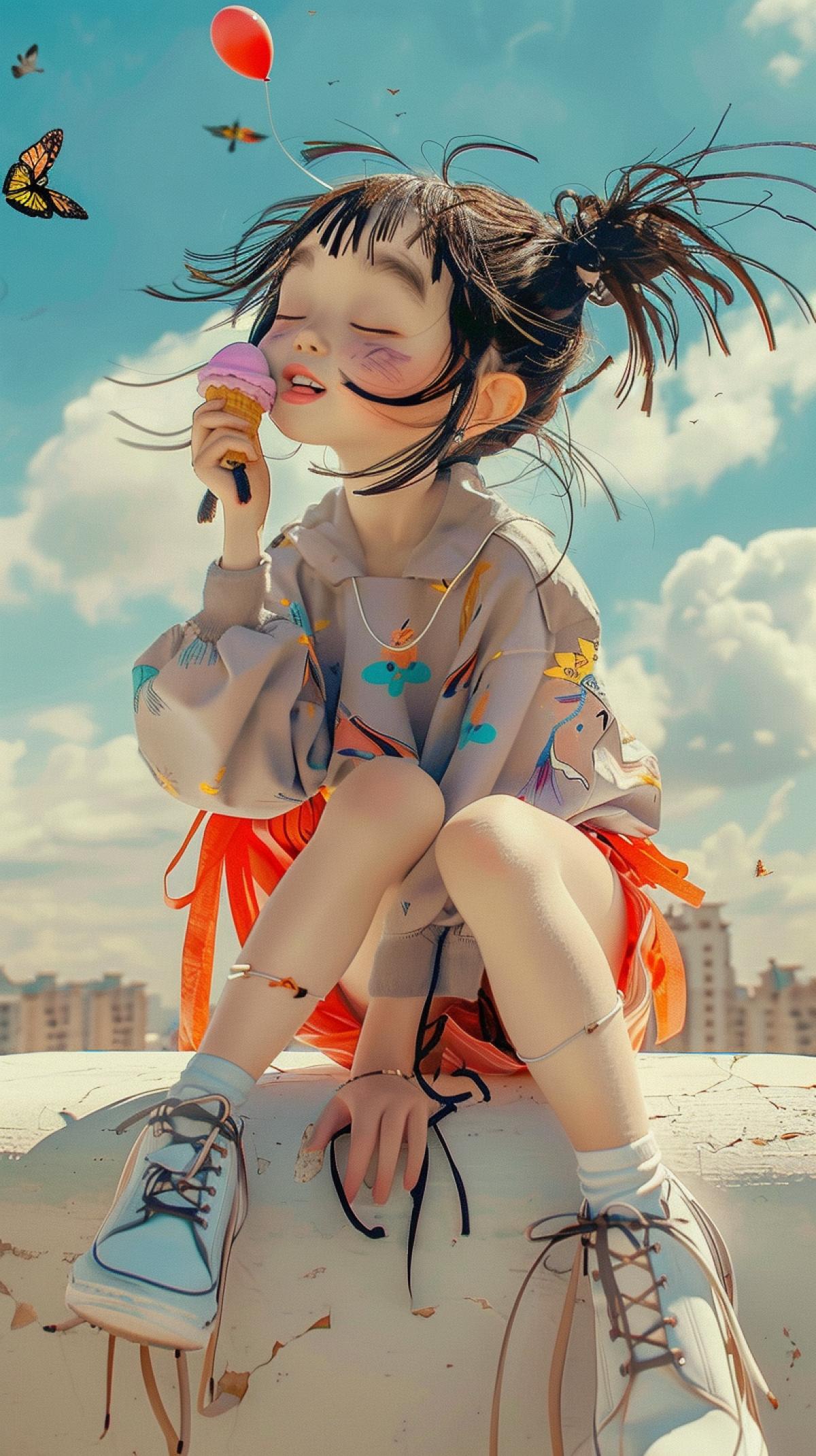 Maintaining style, a dreamy girl with ponytails, in a light bright summer suit, white sneakers, sits on a white stone bridge, birds and butterflies flutter overhead, an ice cream cone in her hand, a balloon on the side, against the backdrop of a blurry city landscape