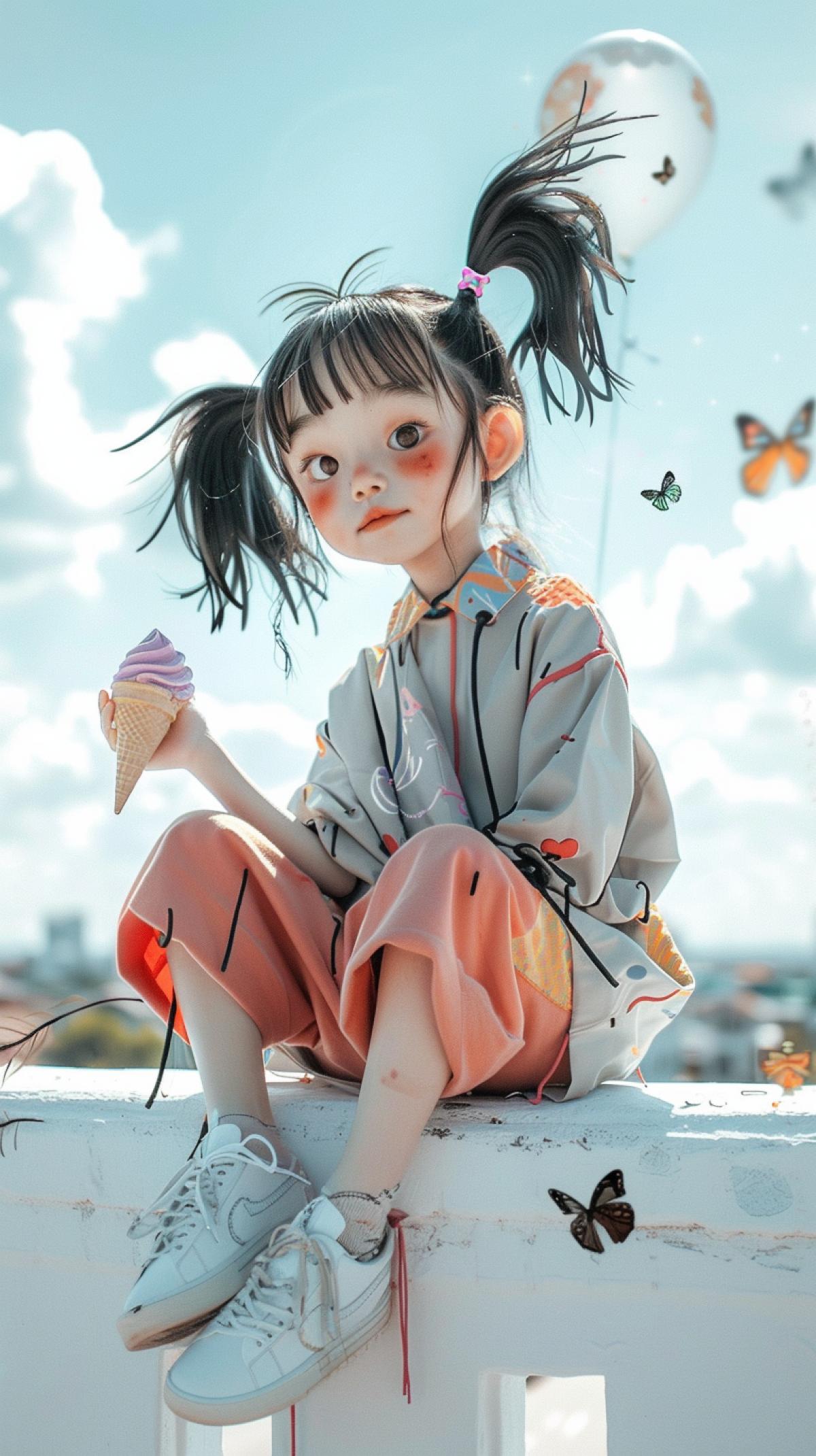 Maintaining style, a dreamy girl with ponytails, in a light bright summer suit, white sneakers, sits on a white stone bridge, birds and butterflies flutter overhead, an ice cream cone in her hand, a balloon on the side, against the backdrop of a blurry city landscape