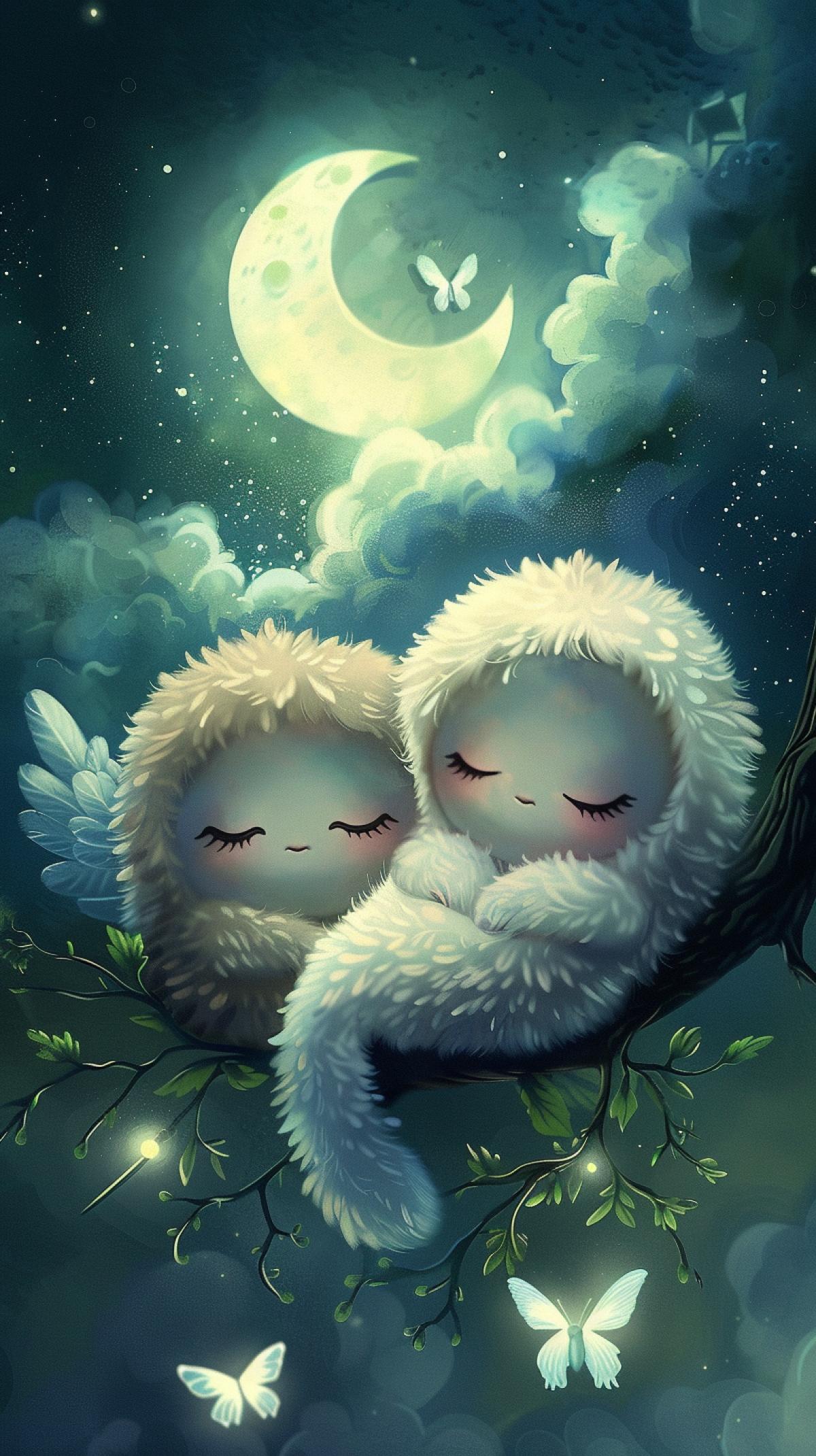 The moon, the clouds are asleep, the angel took you in his arms,. night, two cute, fluffy seed, pod, fluffy catplant, looks like a ball, white, with a face, sleeping on a neon tree branch, fireflies, fantasy, creature, digital art, watercolor, happy, miyazaki style, romantic