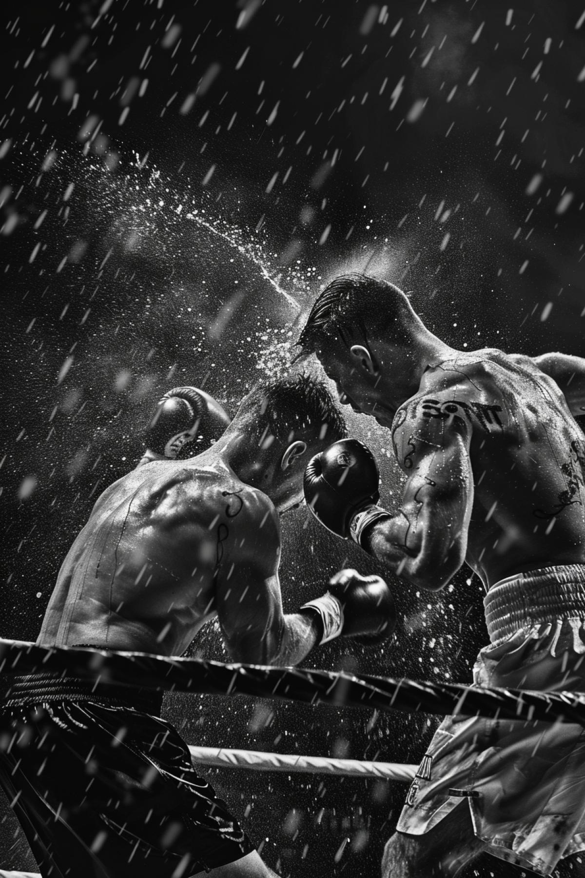 Boxers in the ring. Impressive uppercut. A dynamic scene in motion. Cinematic shot.