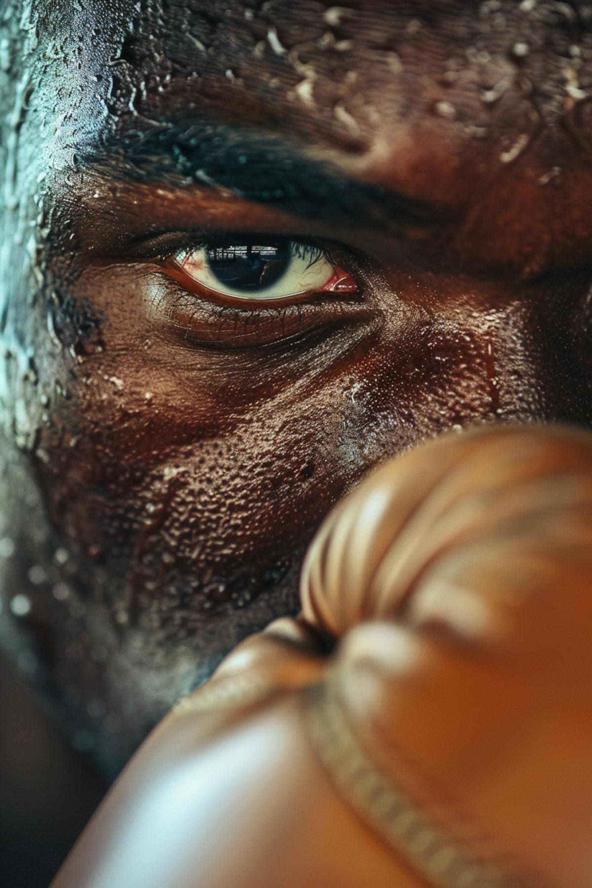 Clinch in boxing, tense faces of tired boxers, bottom view, Dutch perspective