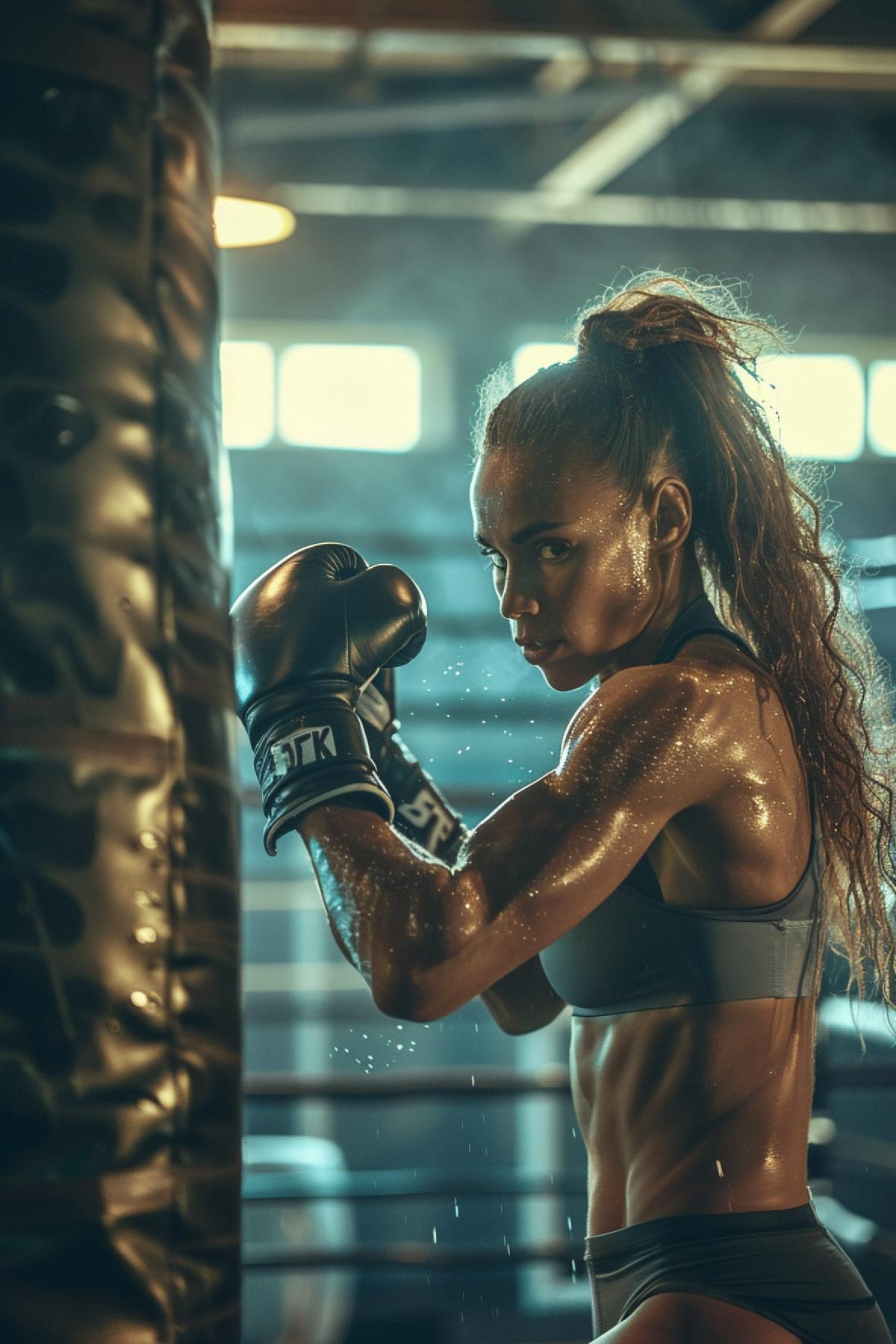 A dynamic action shot of a female boxer training, mid-punch towards a heavy bag, powerful stance, determined expression, sweat glistening, vibrant and strong color palette, detailed and realistic textures, capturing the strength and empowerment, sense of focus and drive, soft yet dramatic lighting, background of a modern gym with various training equipment, evoking a sense of perseverance and intensity, artfully com4kd.