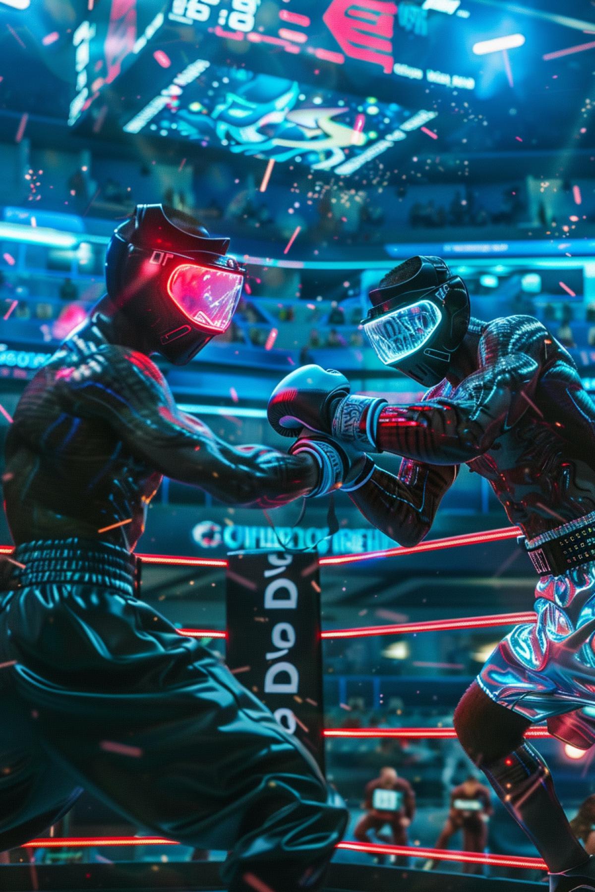 A futuristic boxing match in a high-tech arena, sleek and advanced gear, holographic scoreboards, audience with augmented reality glasses, fighters with neon accents on their gloves and outfits, bright and dynamic lighting, vibrant and otherworldly color palette, detailed and realistic textures, capturing the futuristic and innovative atmosphere, sense of excitement and technological advancement, evoking a sense of awe and adrenaline, artfully com4kd.