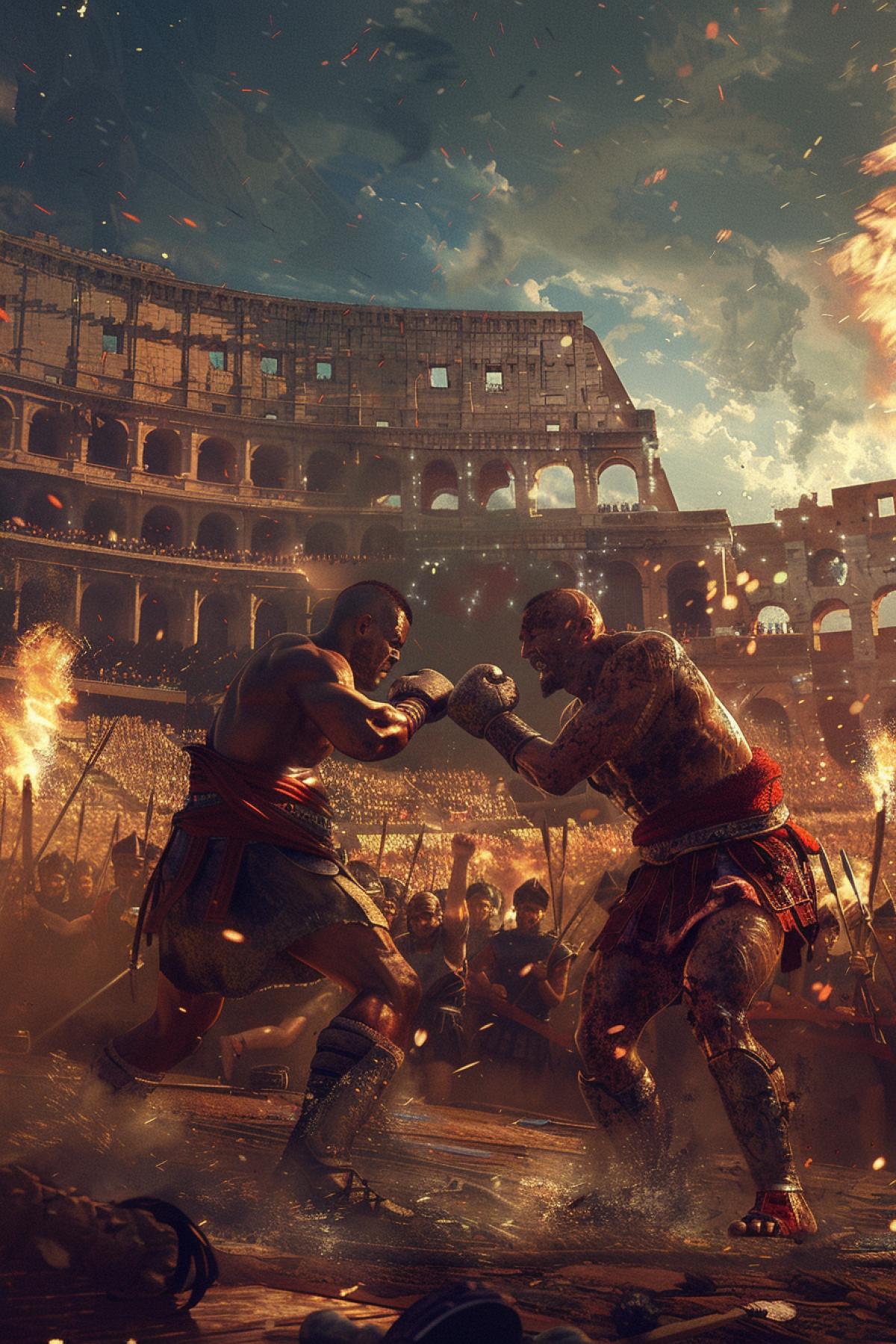 A historical boxing match set in ancient Rome, colosseum as the backdrop, fighters in traditional gladiator attire with boxing gloves, crowd of Roman citizens cheering, torches casting dramatic shadows, vibrant and historically rich color palette, detailed and realistic textures, capturing the grandeur and intensity of the ancient sport, sense of historical significance and drama, evoking a sense of excitement and reverence, artfully com4kd, blending history with the timeless sport of boxing.