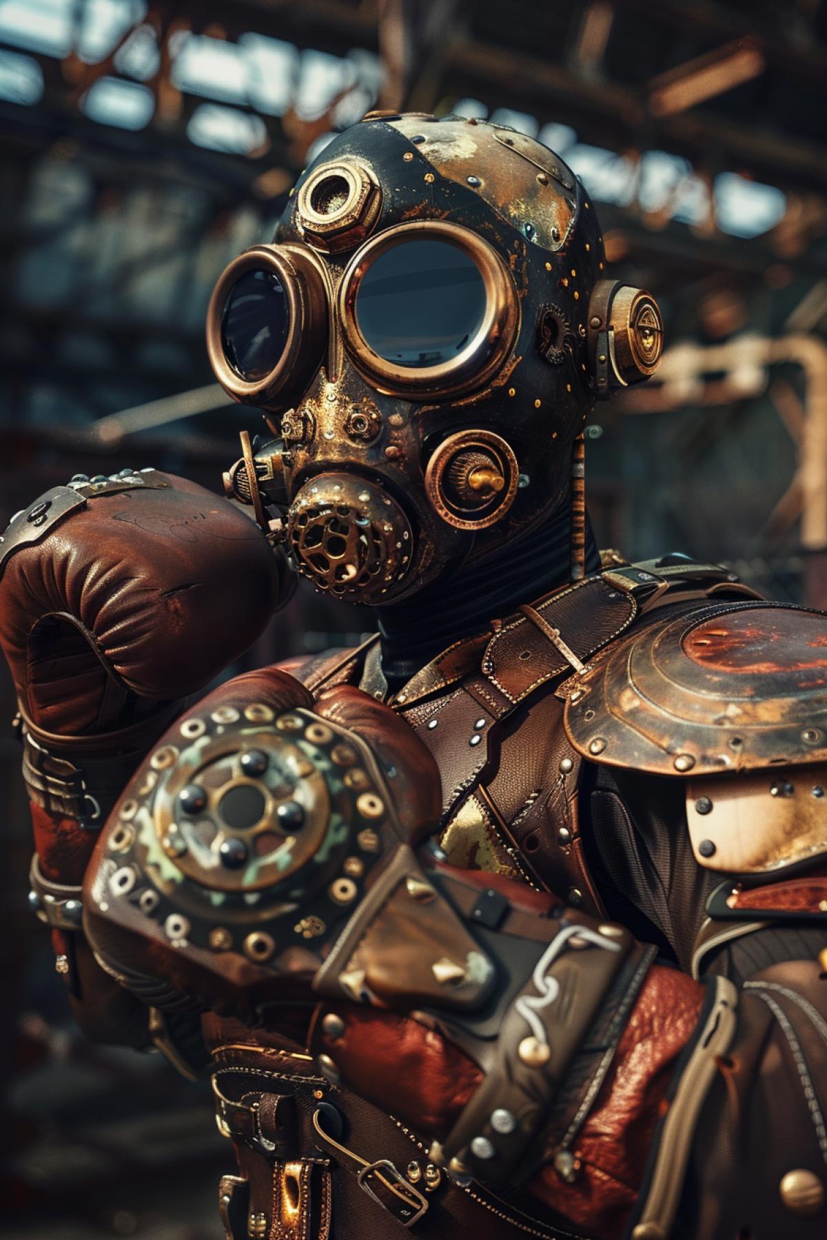 A steampunk boxing match in an industrial arena, fighters wearing mechanical exoskeletons with brass and leather details, gears and steam pipes visible, vibrant and metallic color palette, dramatic lighting with shadows cast by machinery, detailed and intricate textures, capturing the inventive and gritty atmosphere, sense of innovation and intensity, evoking a sense of awe and excitement, artfully com4kd, blending Victorian aesthetics with futuristic technology.