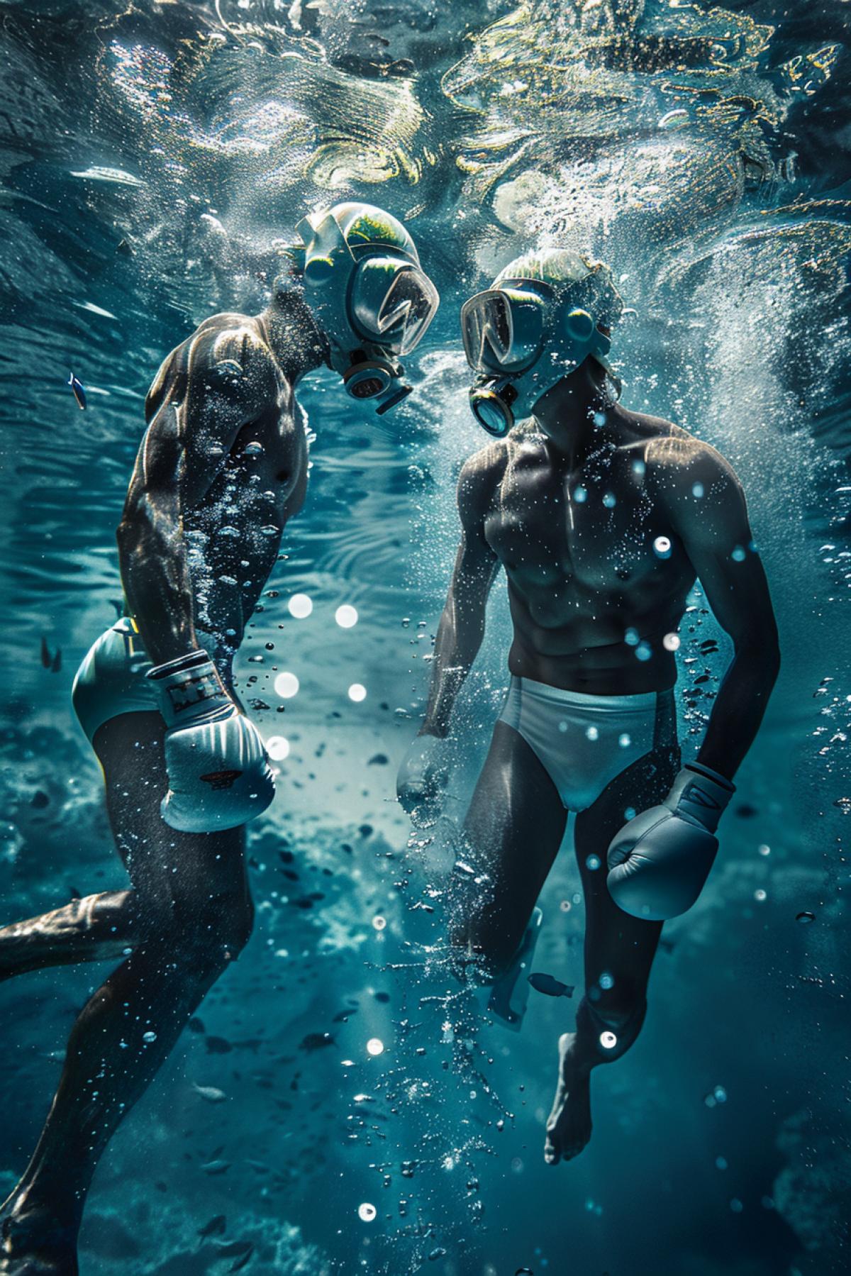 A dynamic underwater boxing scene, fighters equipped with sleek, streamlined helmets and oxygen tanks, floating in a clear blue ocean, bubbles and marine life surrounding them, vibrant and aquatic color palette, soft, diffused light filtering through the water, detailed textures of the fighters gear and underwater environment, capturing the surreal and captivating atmosphere, sense of calm and intensity, evoking a sense of wonder and excitement, artfully com4kd.