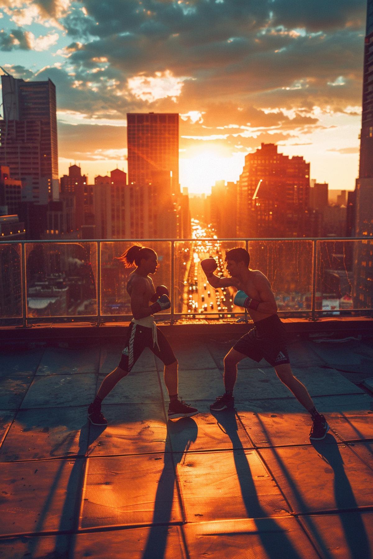 A high-energy boxing match set on a rooftop in a ling city at sunset, dramatic skyline in the background, warm golden light casting long shadows, boxers in modern athletic gear, vibrant and urban color palette, detailed textures of the rooftop and cityscape, capturing the thrilling and dynamic atmosphere, sense of competition and determination, evoking a sense of excitement and ambition, artfully com4kd, blending the raw intensity of boxing with the breathtaking beauty of the cityscape.