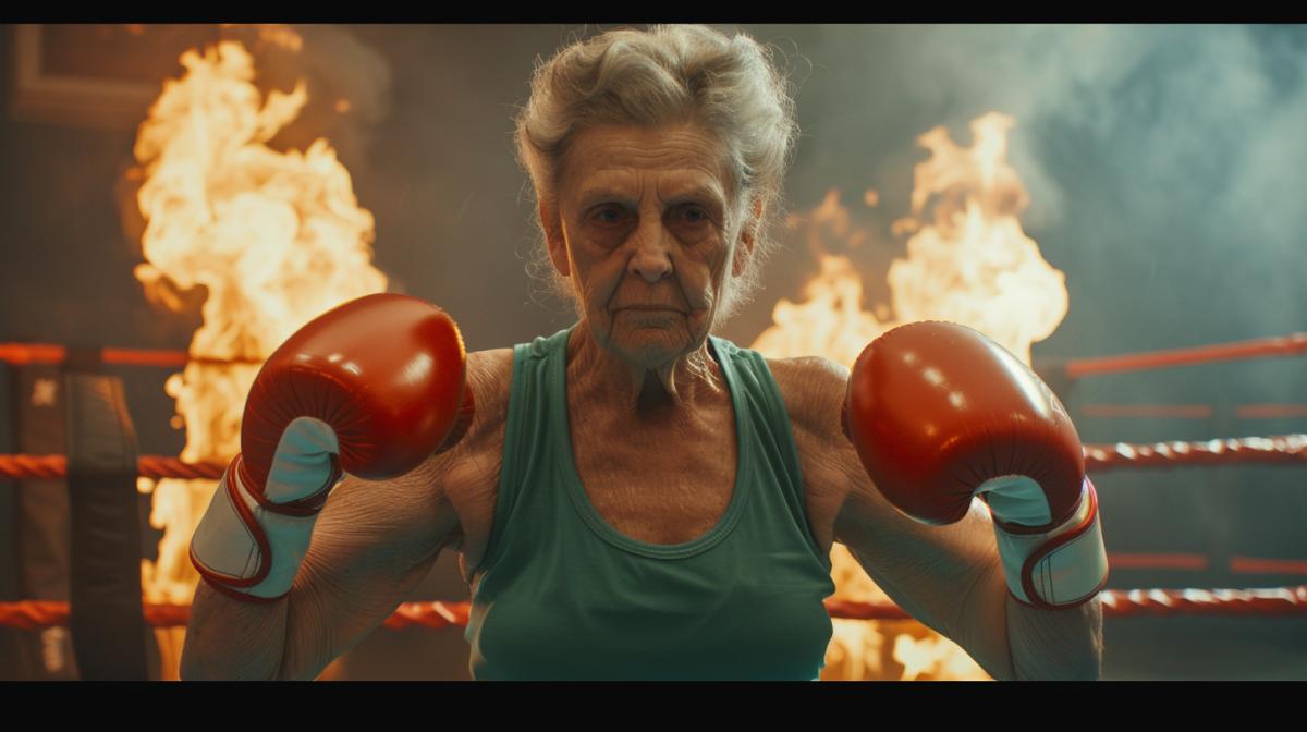 A Russian grandmother in boxing gloves and shorts stands in the ring in the 4k of the king of the ring, the flame of flaming valor and glory in the background, a proud expression, the look of a champion, photographic quality, ultra-realistic image, full-length portrait in a full-length photo ar 9:16