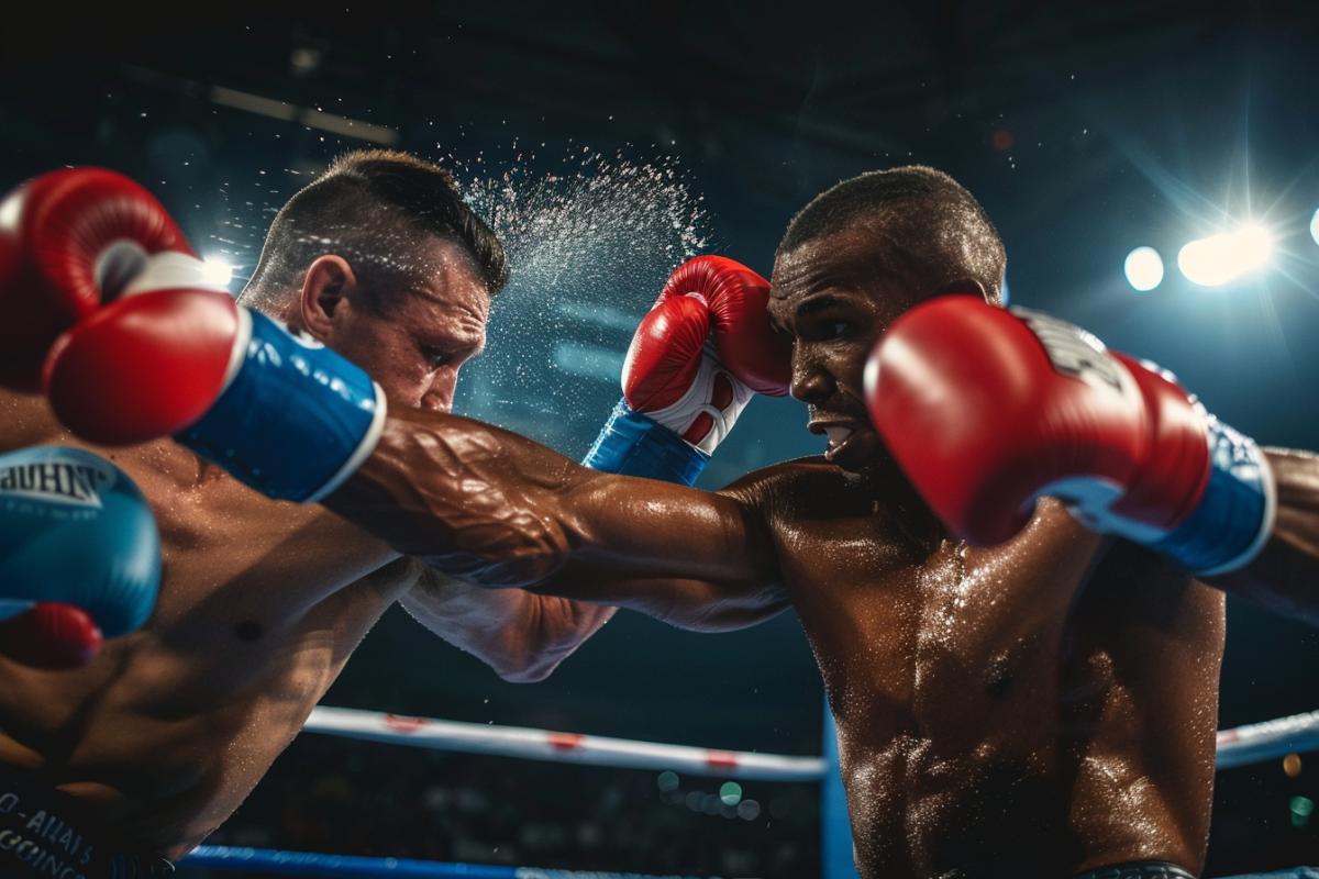 an exciting boxing fight, a fierce blow in the spotlight