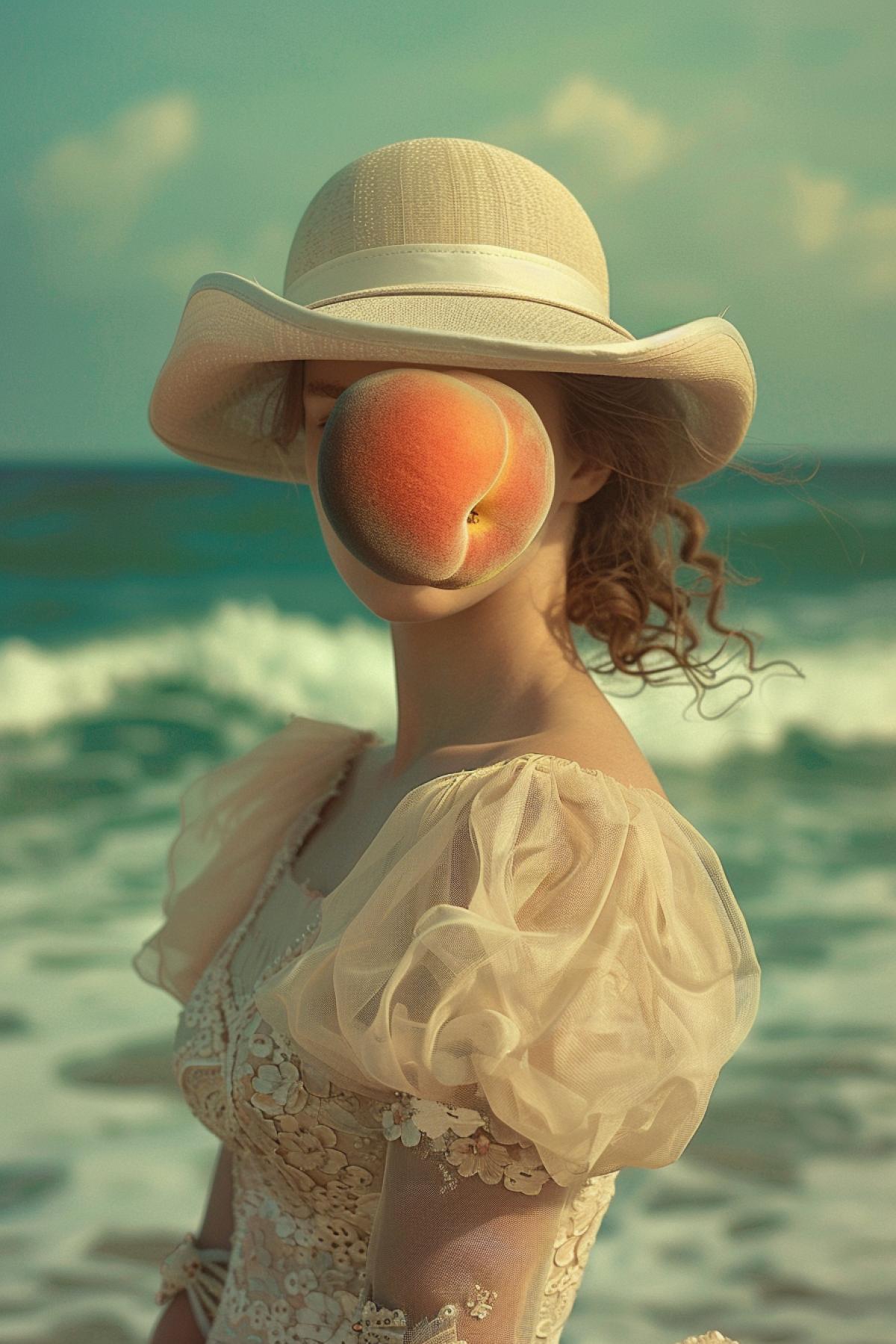 Beautiful lady wearing lightminded hat and beautiful dress on the background of sea shore face covered with a peach the art in style of René François Ghislain Magritte