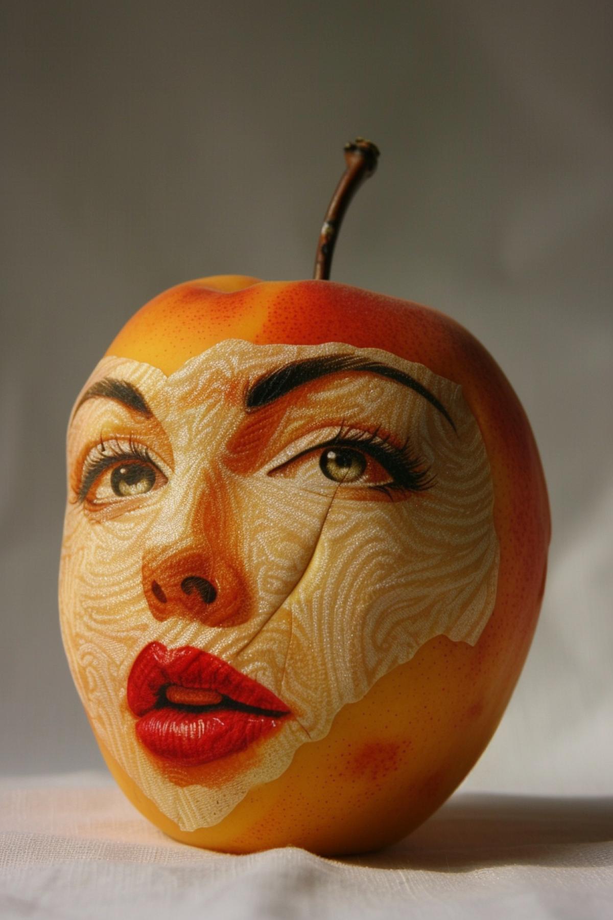 Peach with a beautiful ladys face in style of René François Ghislain Magritte