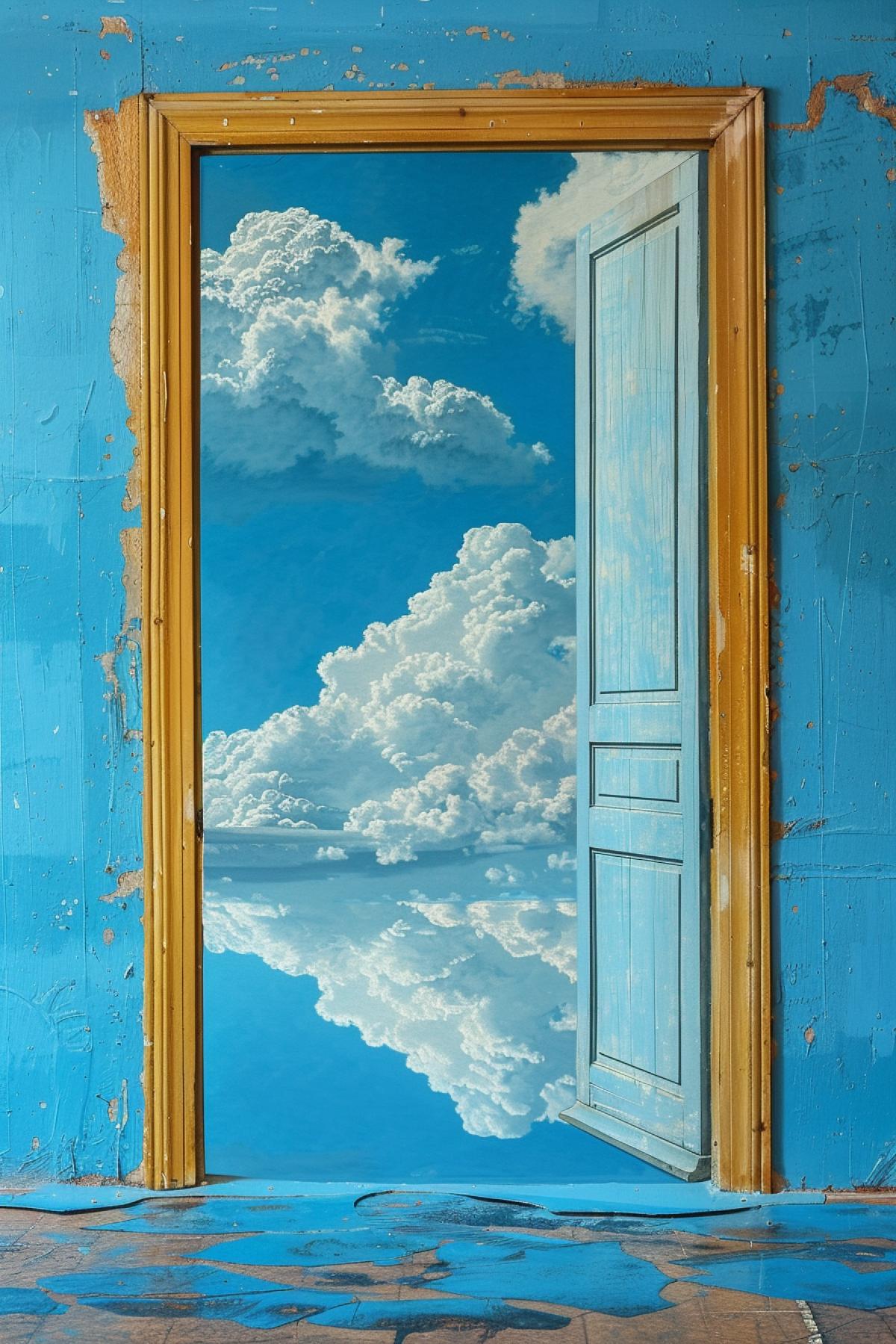The impossible subtle door into wonder and mystery of bright beautiful summer day art in style of René François Ghislain Magritte