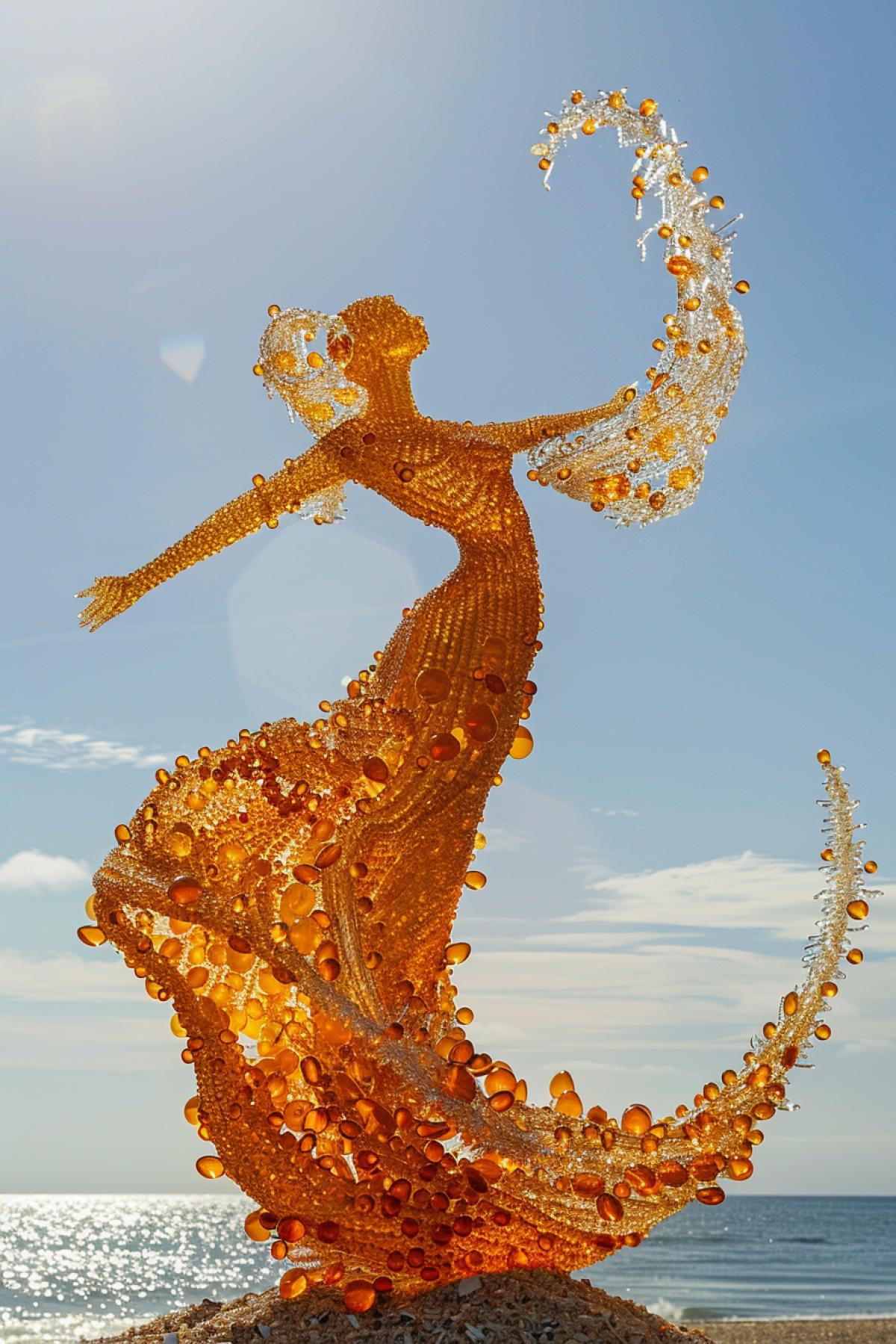 Sculpture of young beautiful lady made of amber beads and pearls as if hanging in air on the background of the sea shore art in style of René François Ghislain Magritte