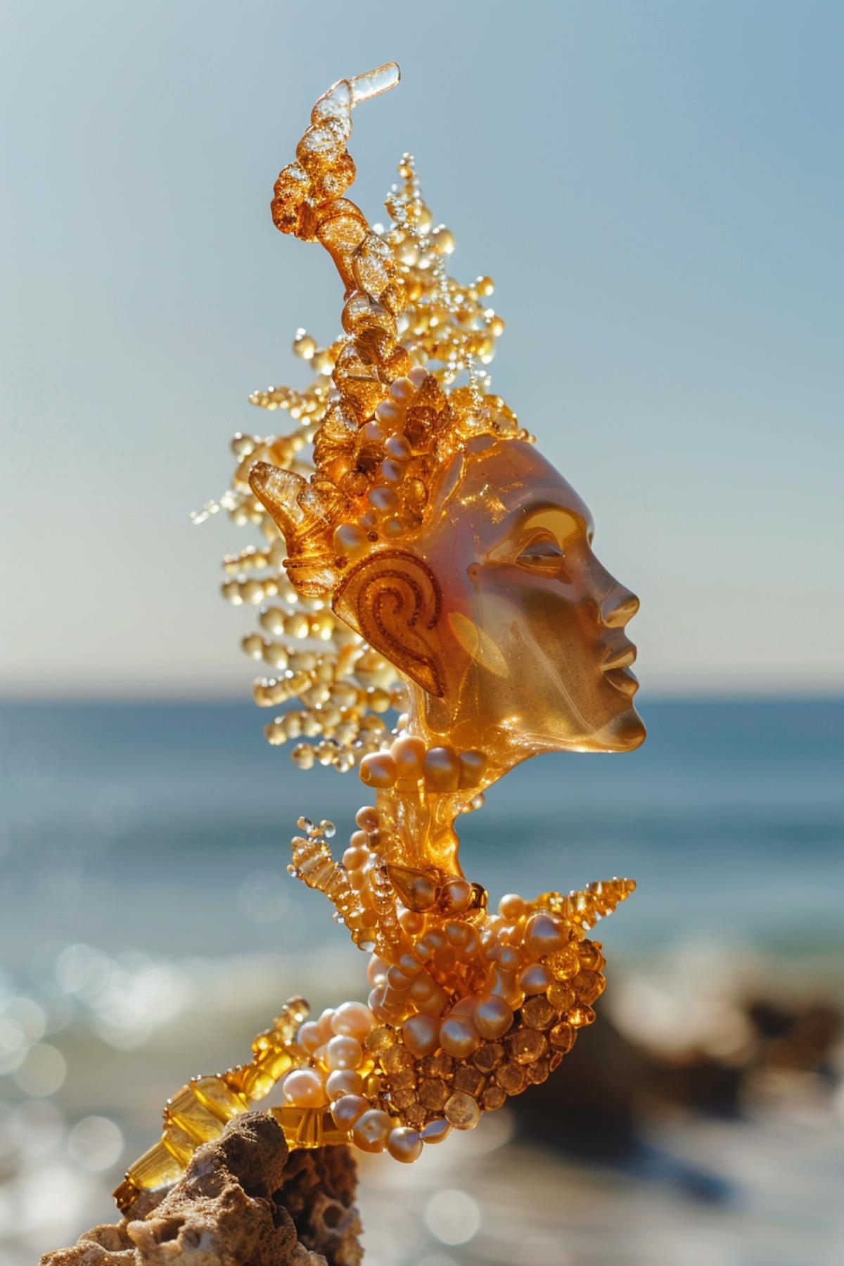 Sculpture of young beautiful lady made of amber beads and pearls as if hanging in air on the background of the sea shore art in style of René François Ghislain Magritte