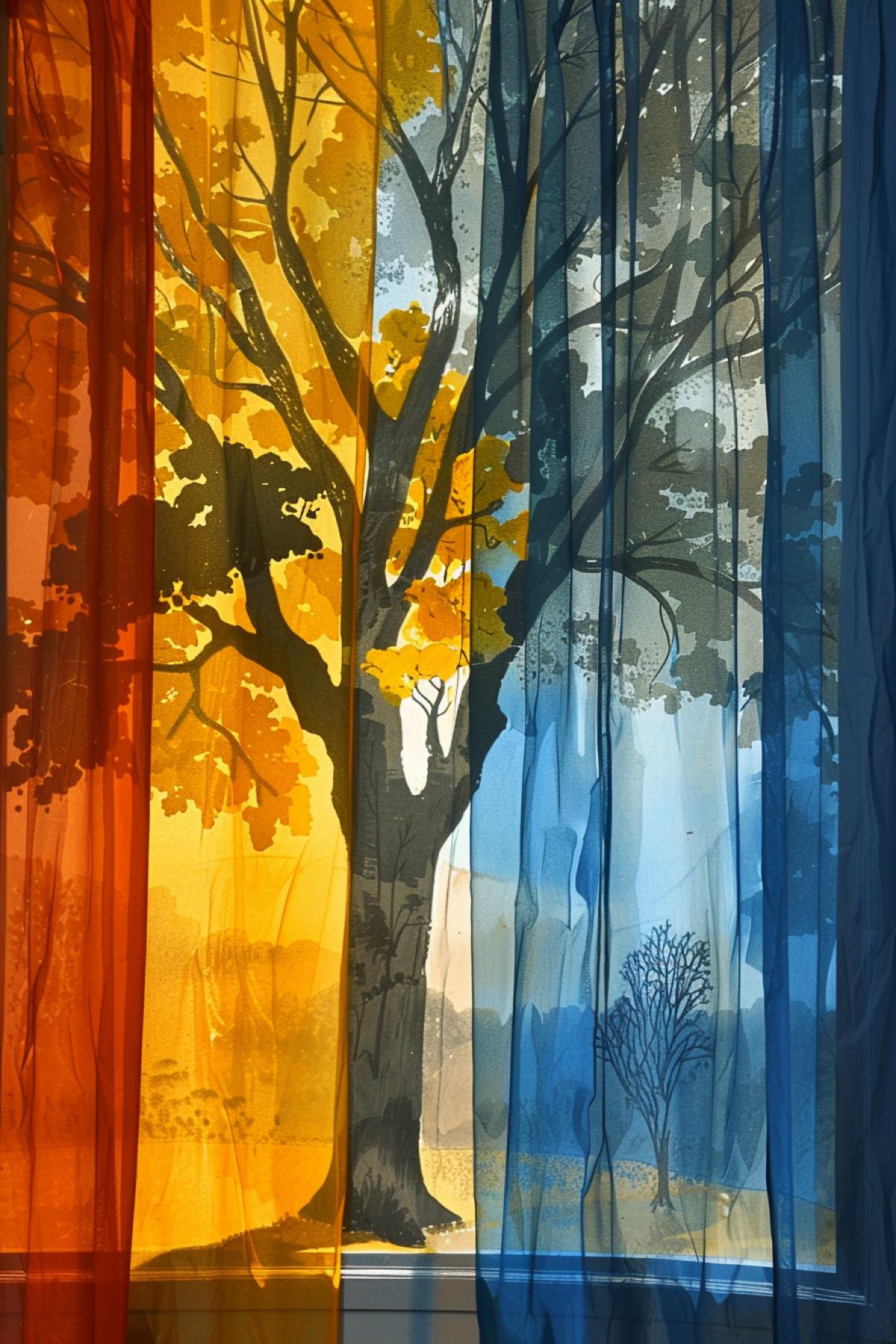 Several curtains on window each illustrating different season coloured art drawing in style of René François Ghislain Magritte