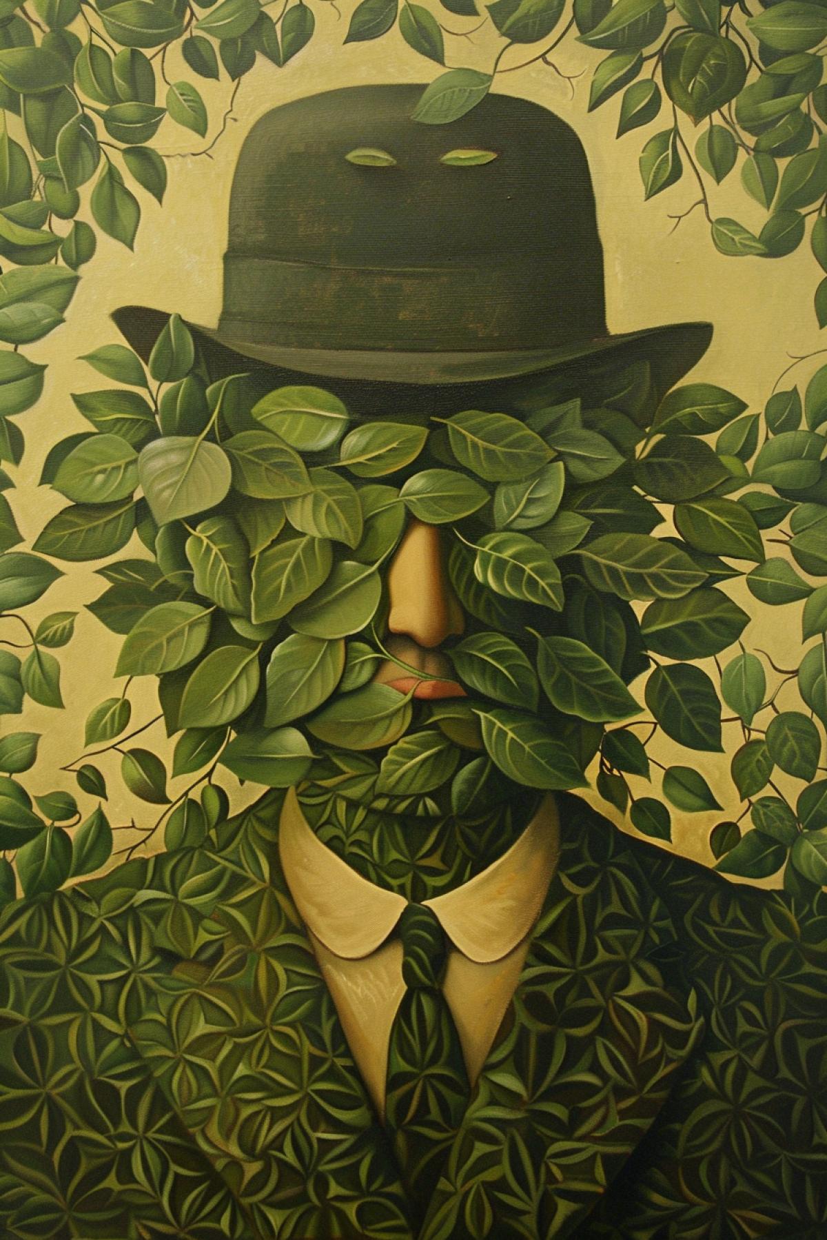 Insect-like gentleman made entirely of green leaves, painting by René Magritte