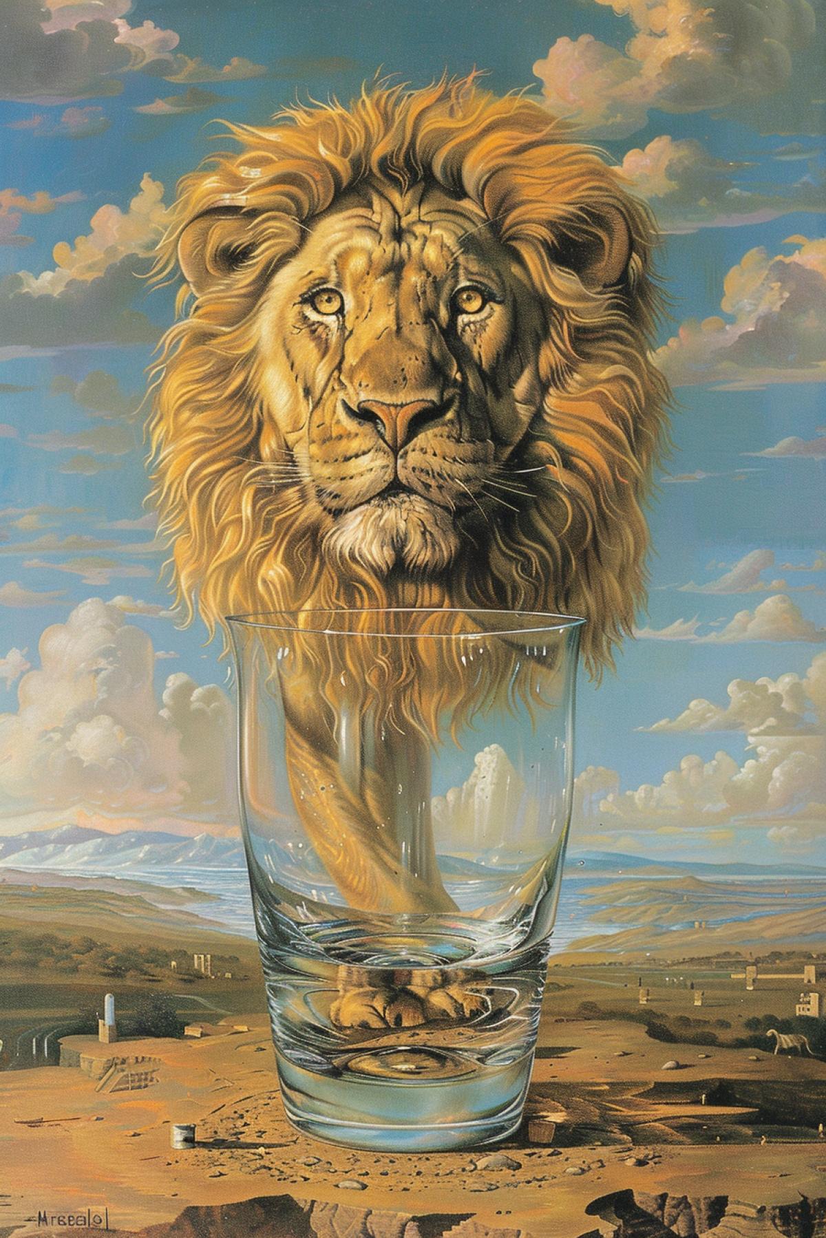 Lion inside a giant clear glass widescreen fisheye view painting by Rene Magritte