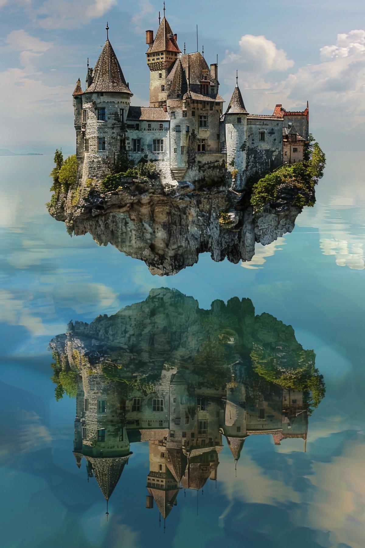 A dreamlike image of a floating castle, hovering above a serene lake, reflections on the water showing a clear sky instead of the castle, vibrant and ethereal color palette, soft and diffused lighting, detailed textures of the castle stone and water surface, capturing the surreal and paradoxical atmosphere, sense of suspension and dreaminess, evoking a sense of mystery and fascination, artfully com4kd, merging the grandeur of architecture with the surreal elements of Magrittes art.